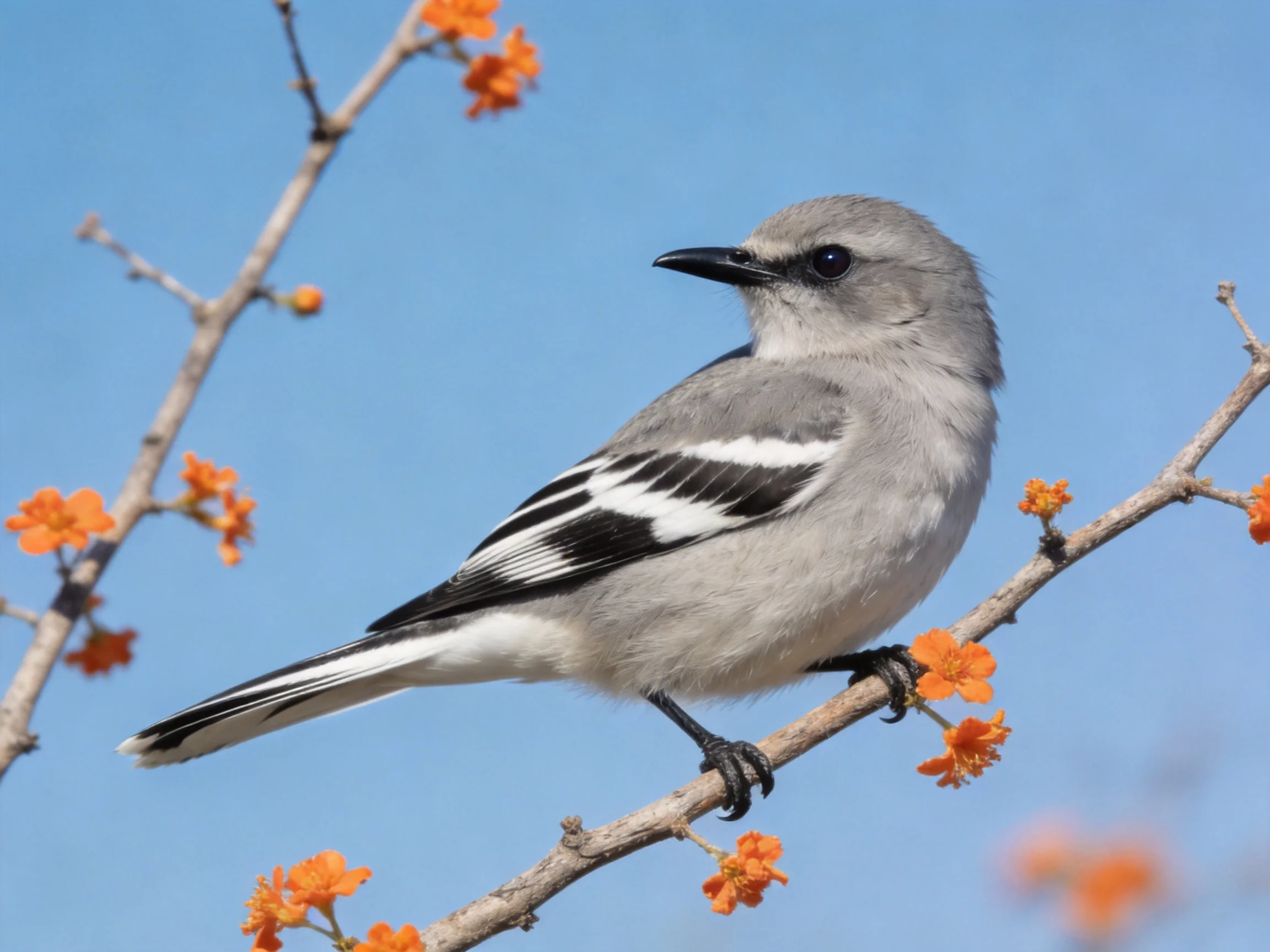 Gray bird with black-and-white wings perched on orange-flowered branch