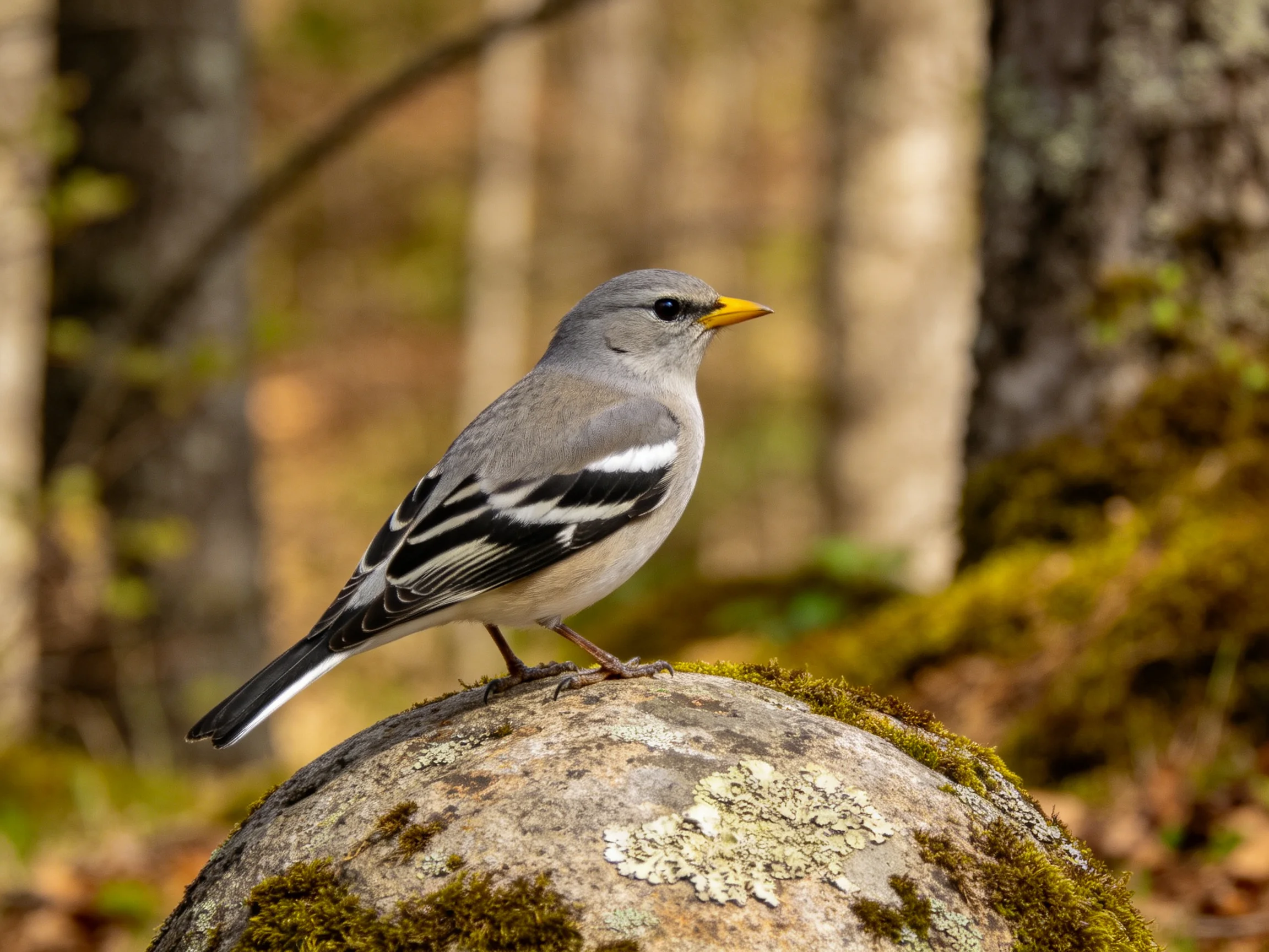 A gray bird with black and white wings sits on a moss-covered stone in a forest.
