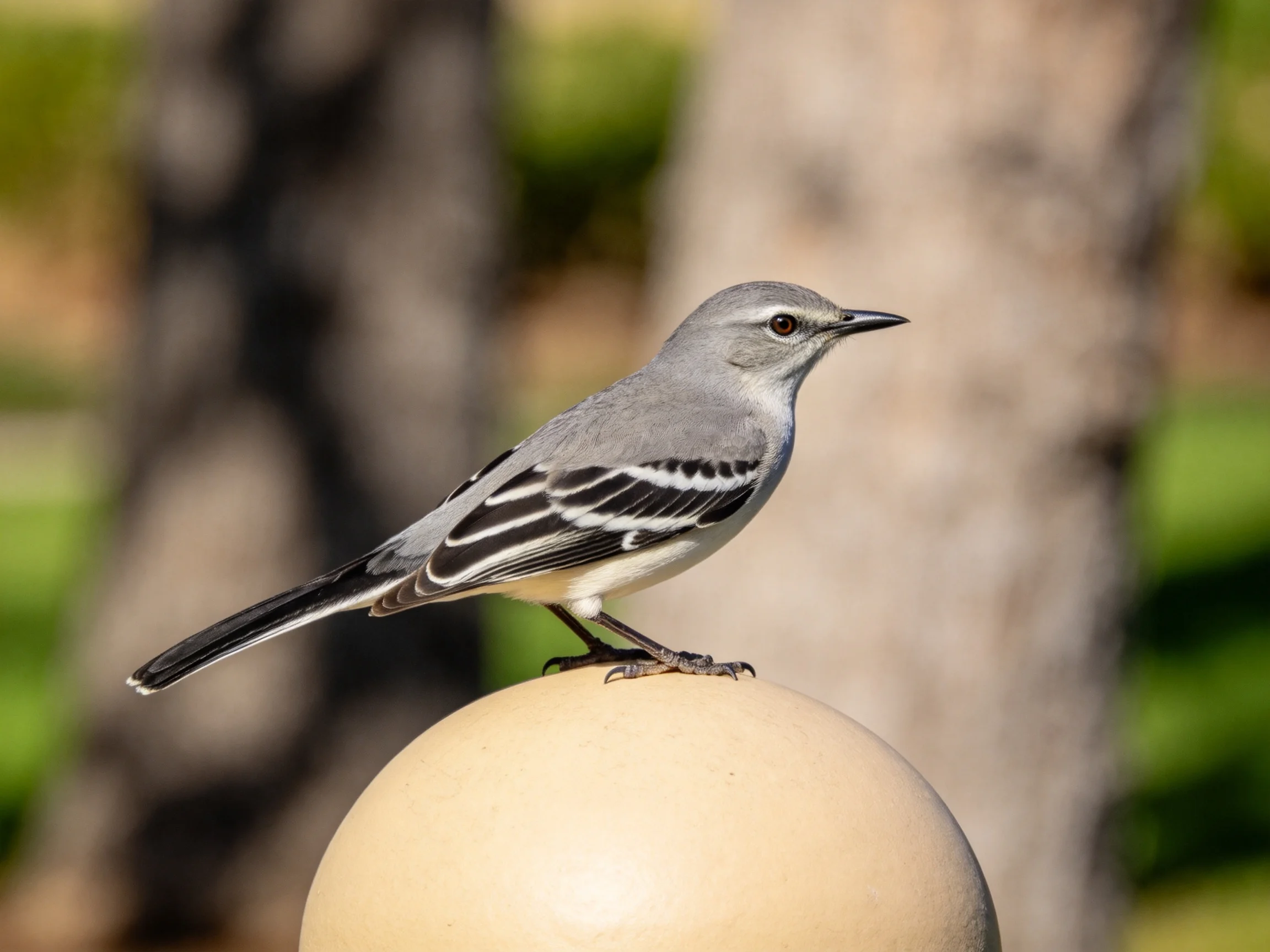 Gray bird with black wing stripes perched on beige sphere near trees