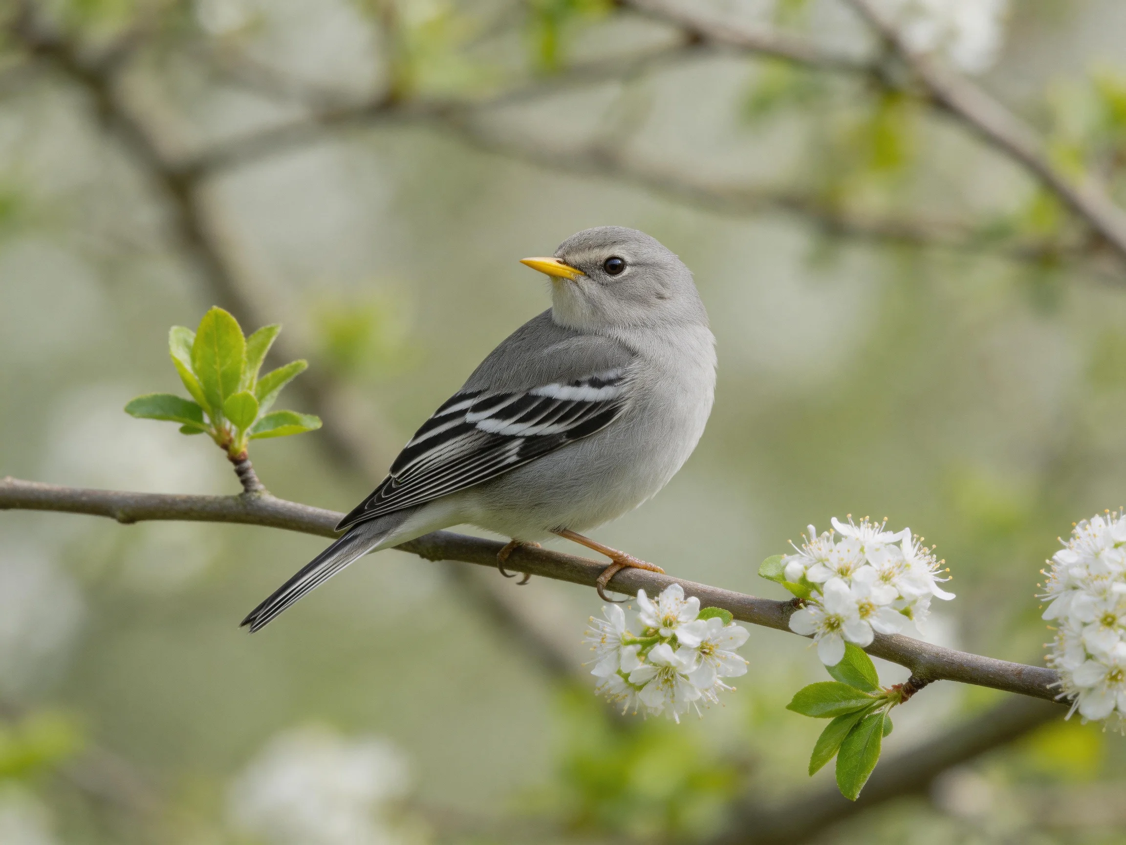 Gray bird with black wing stripes perches on flowering branch