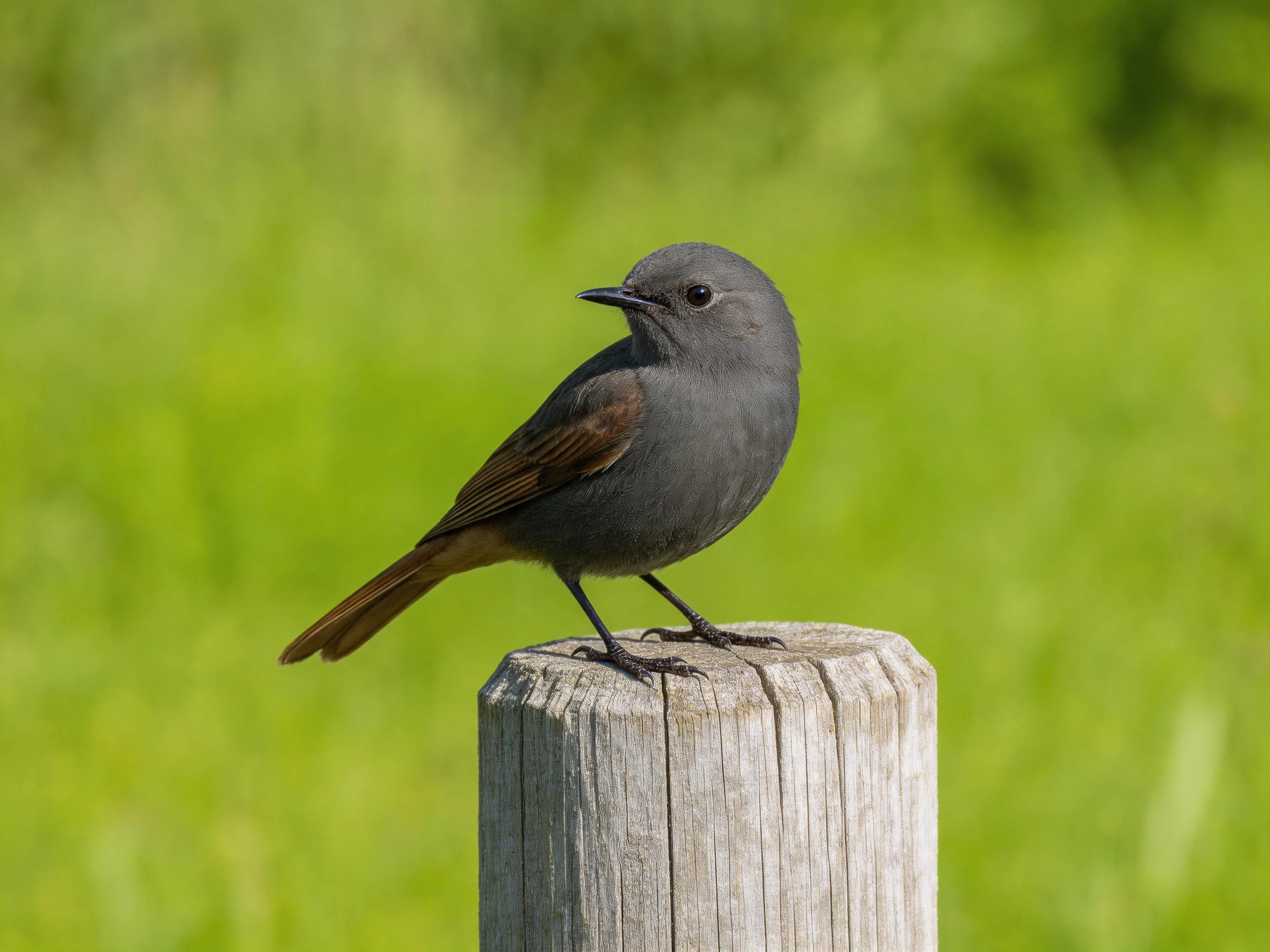 Gray bird with brown wings perched on weathered wooden post
