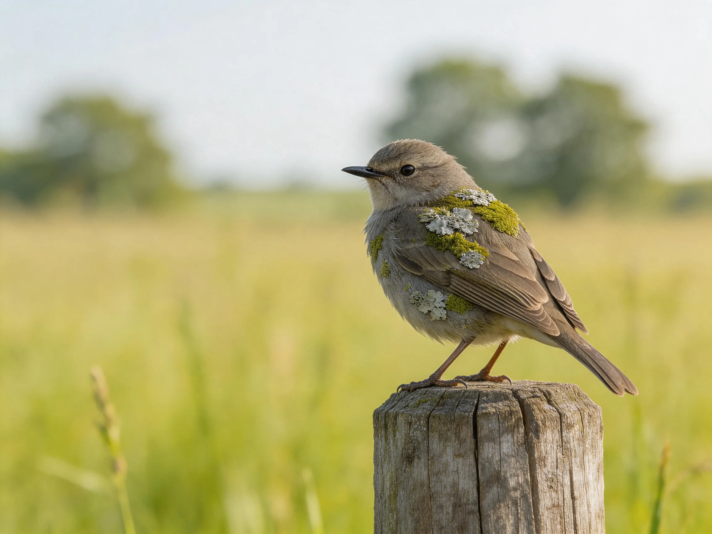Gray bird with mossy plumage perched on weathered wooden post