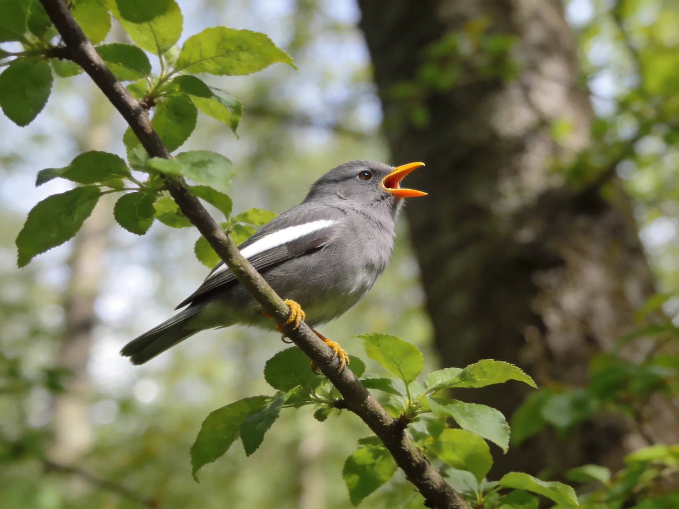 Gray bird with orange beak perched on leafy branch