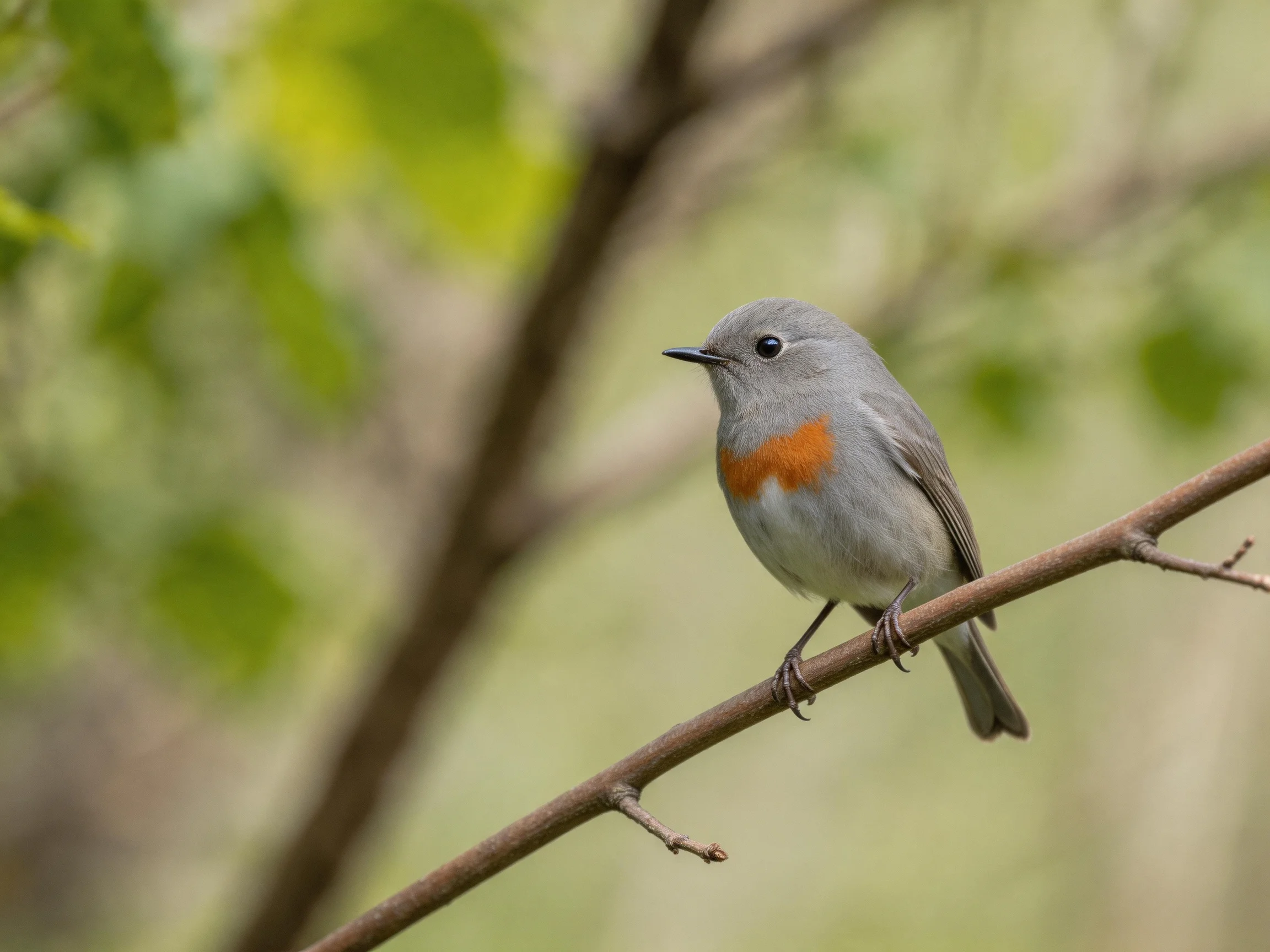 Gray bird with orange chest perched on a slender branch