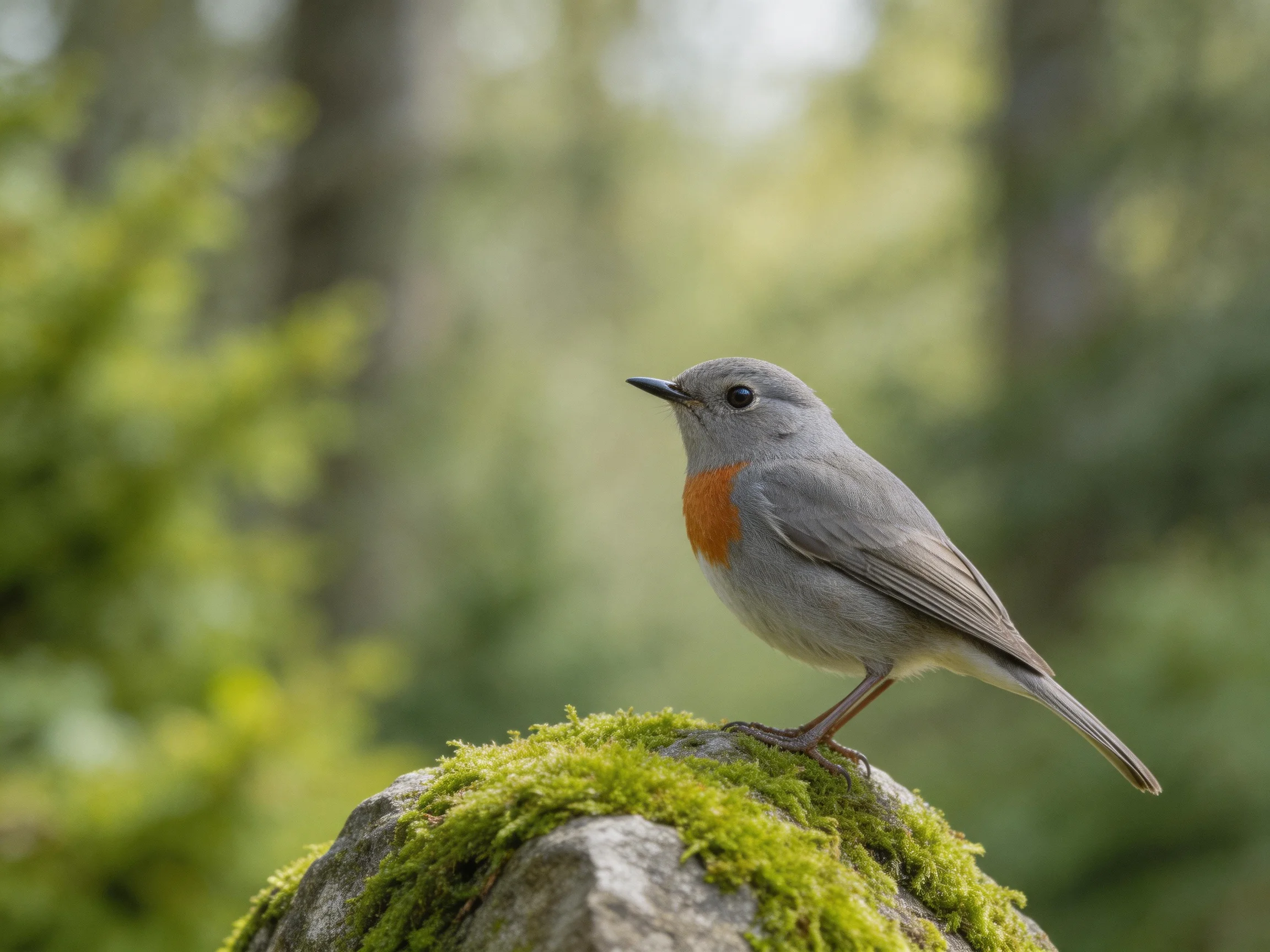 Gray bird with orange chest perched on mossy rock in forest