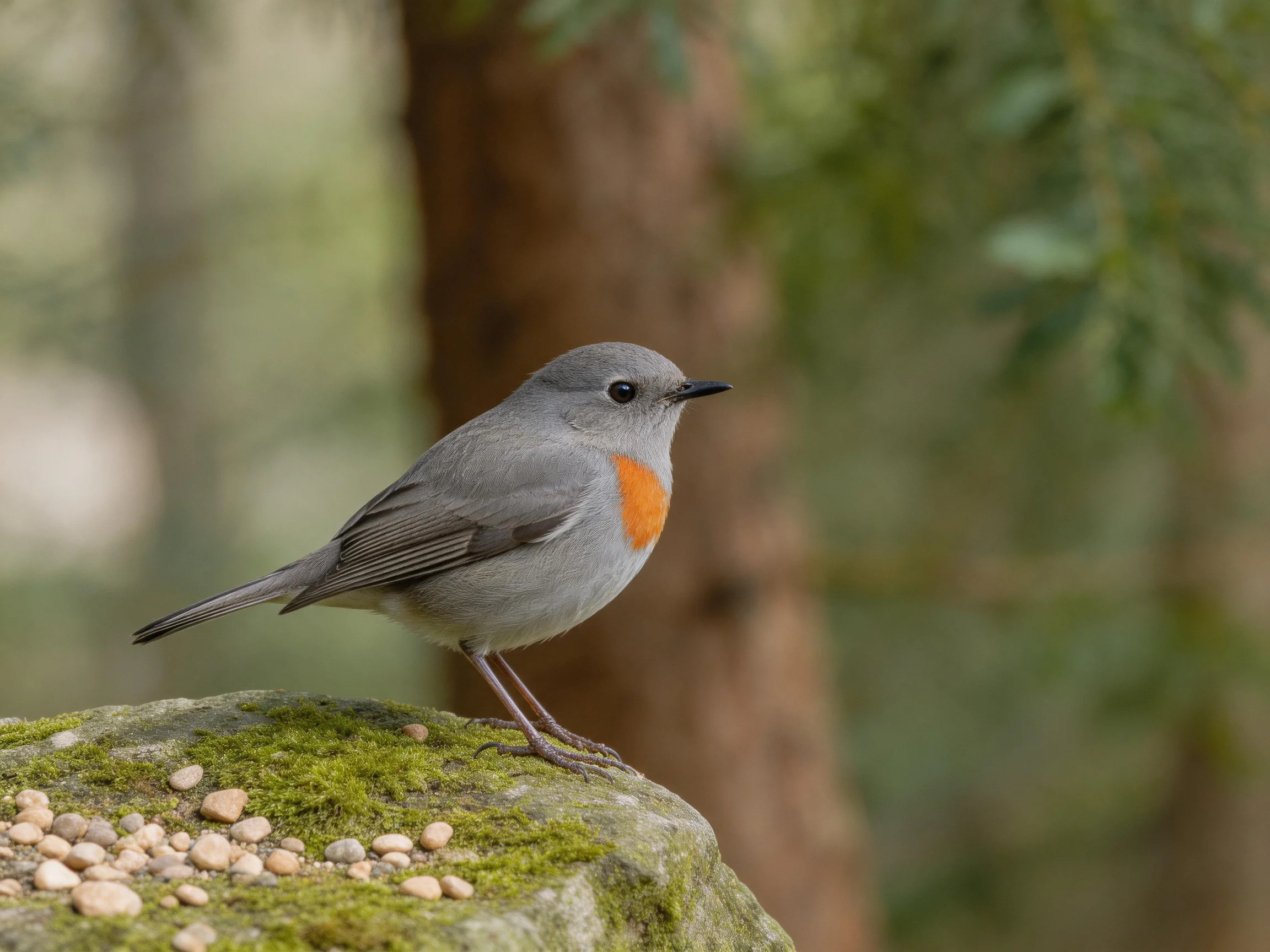 Gray bird with orange chest perched on mossy rock