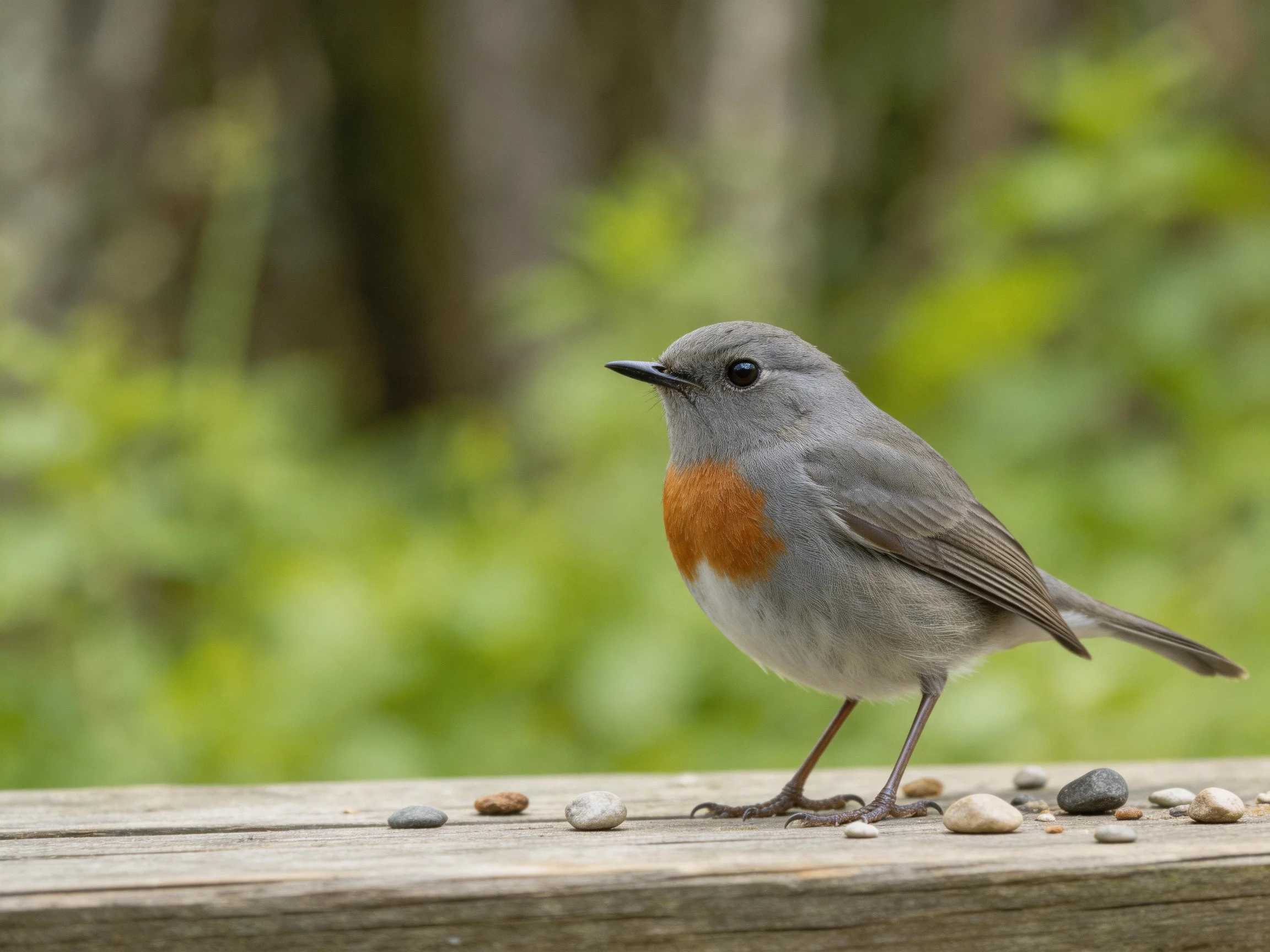 Gray bird with orange chest perches on wooden plank beside pebbles