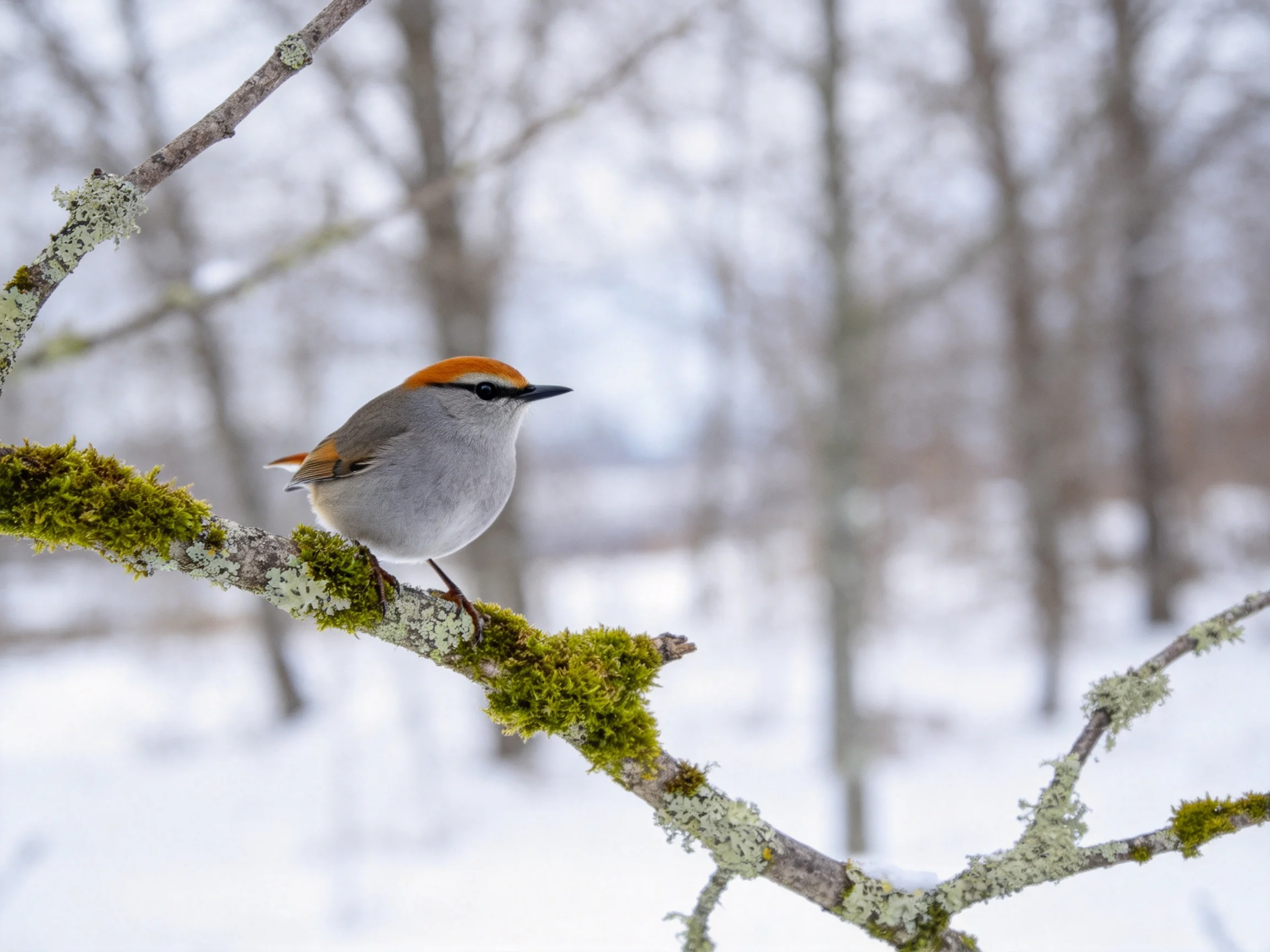 Gray bird with orange crest perches on mossy branch in wintry forest