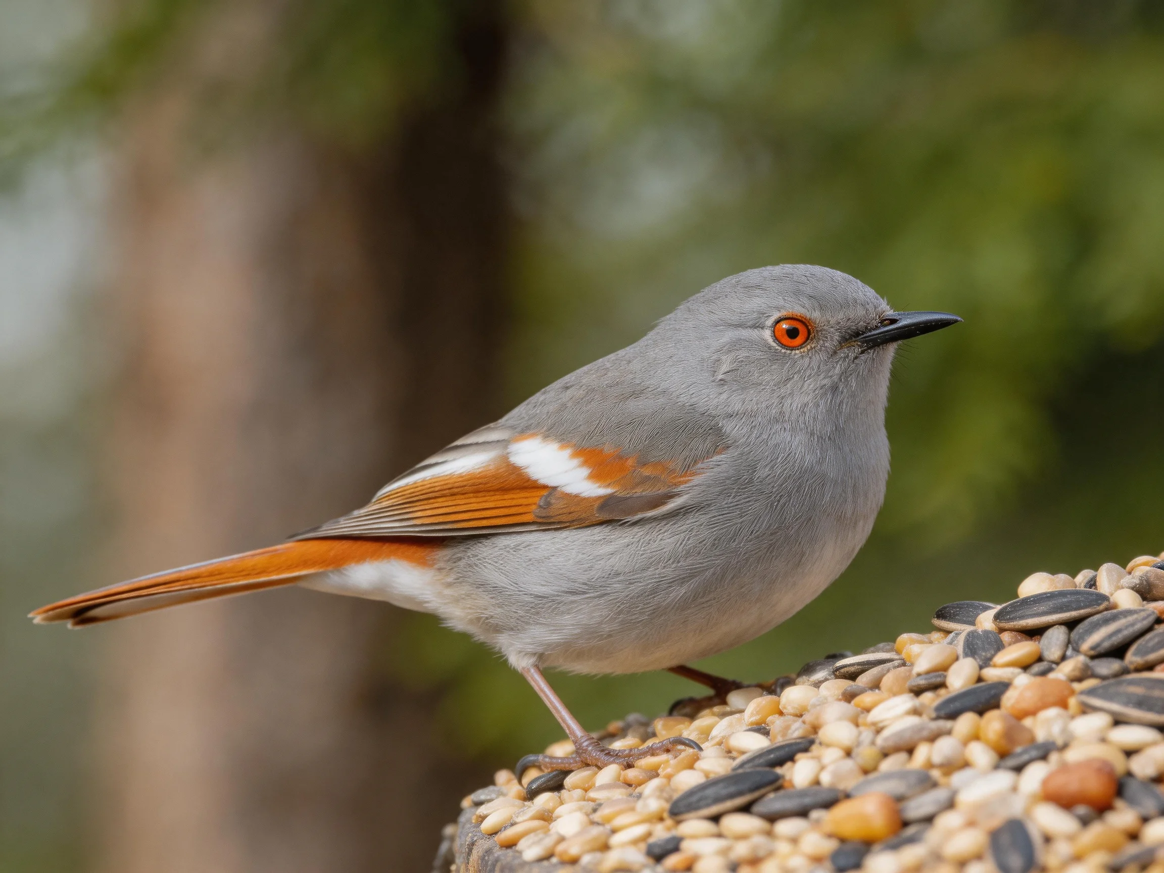 Gray bird with orange wing and tail perches on mixed seed feeder