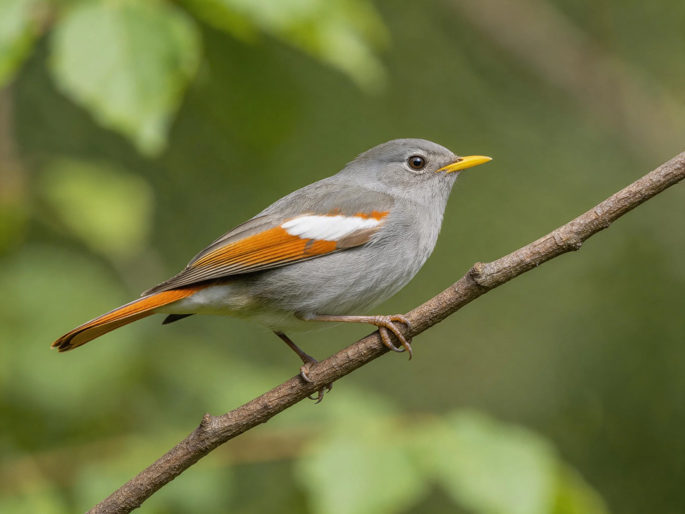 Gray bird with orange wing patches perched on a thin branch