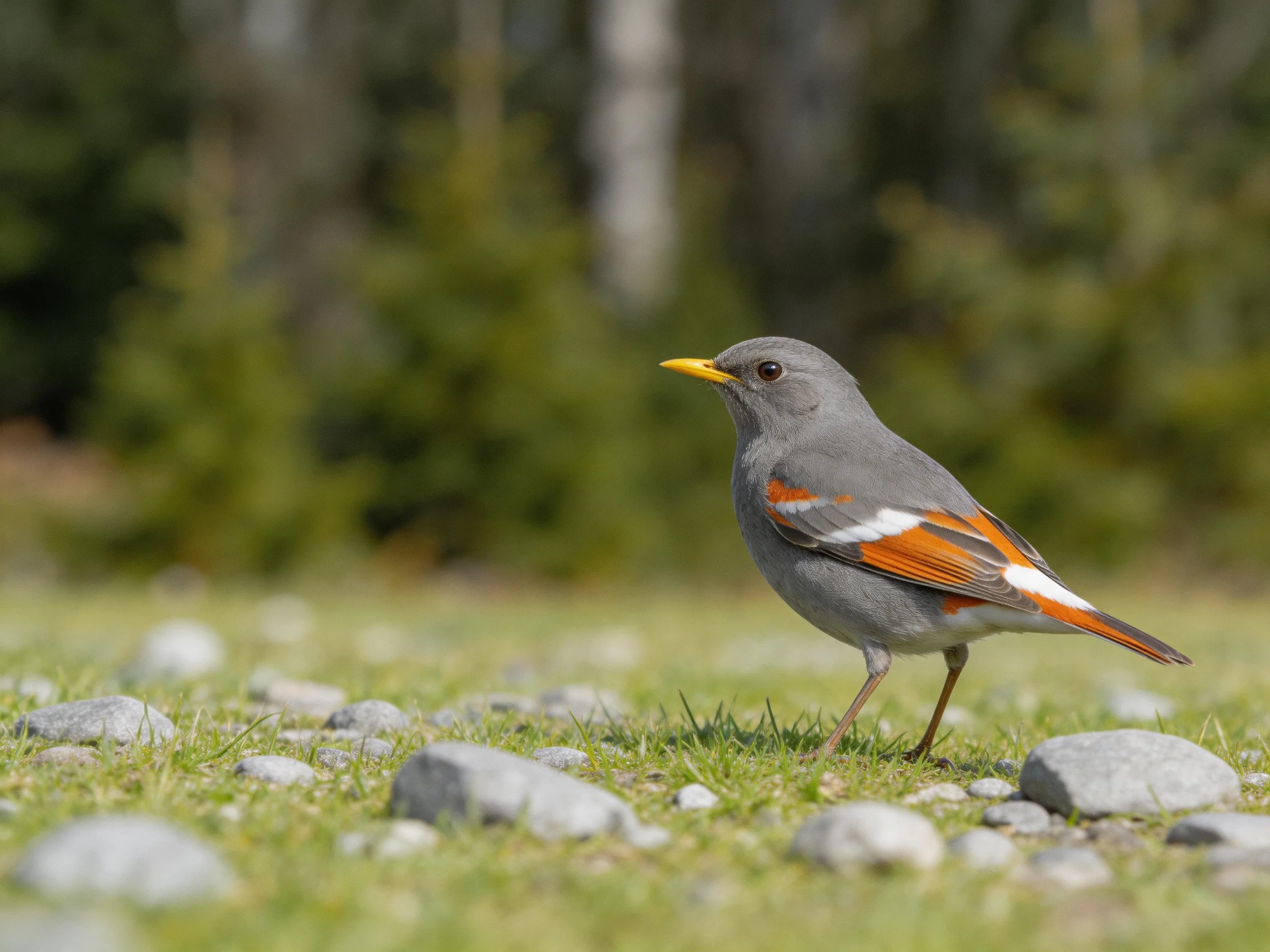Gray bird with orange wings walking among scattered stones in forest clearing