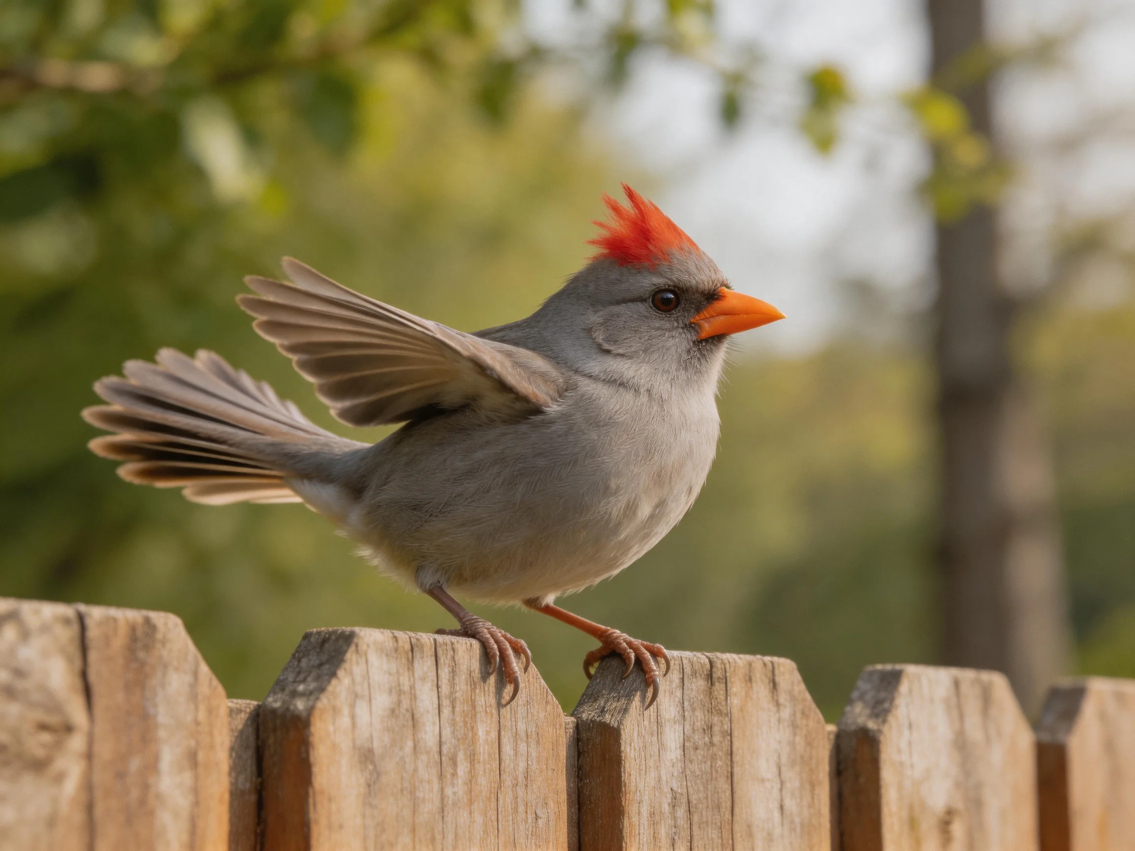 Gray bird with red crest perched on wooden fence
