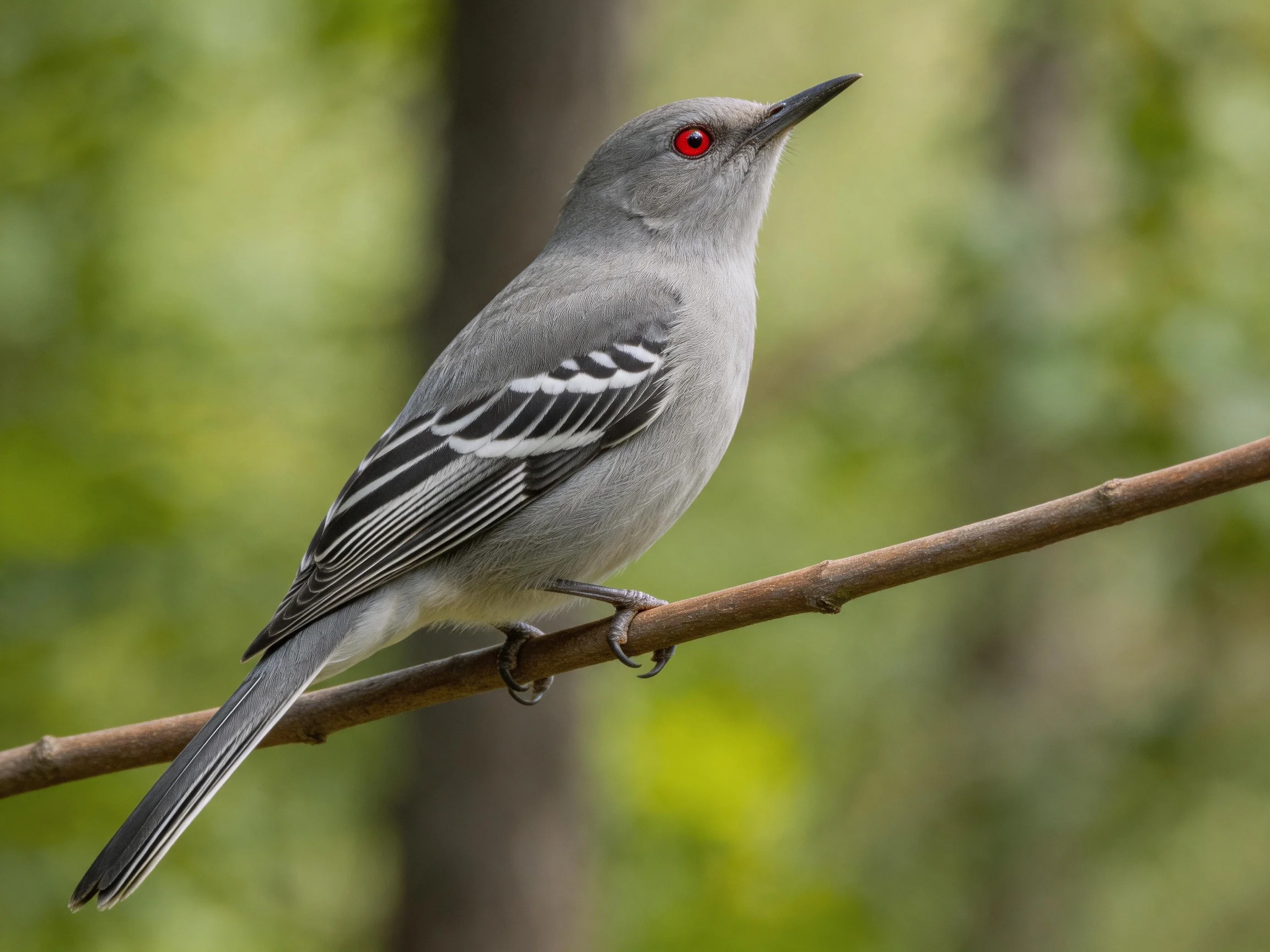 Gray bird with red eyes perched on a thin brown branch