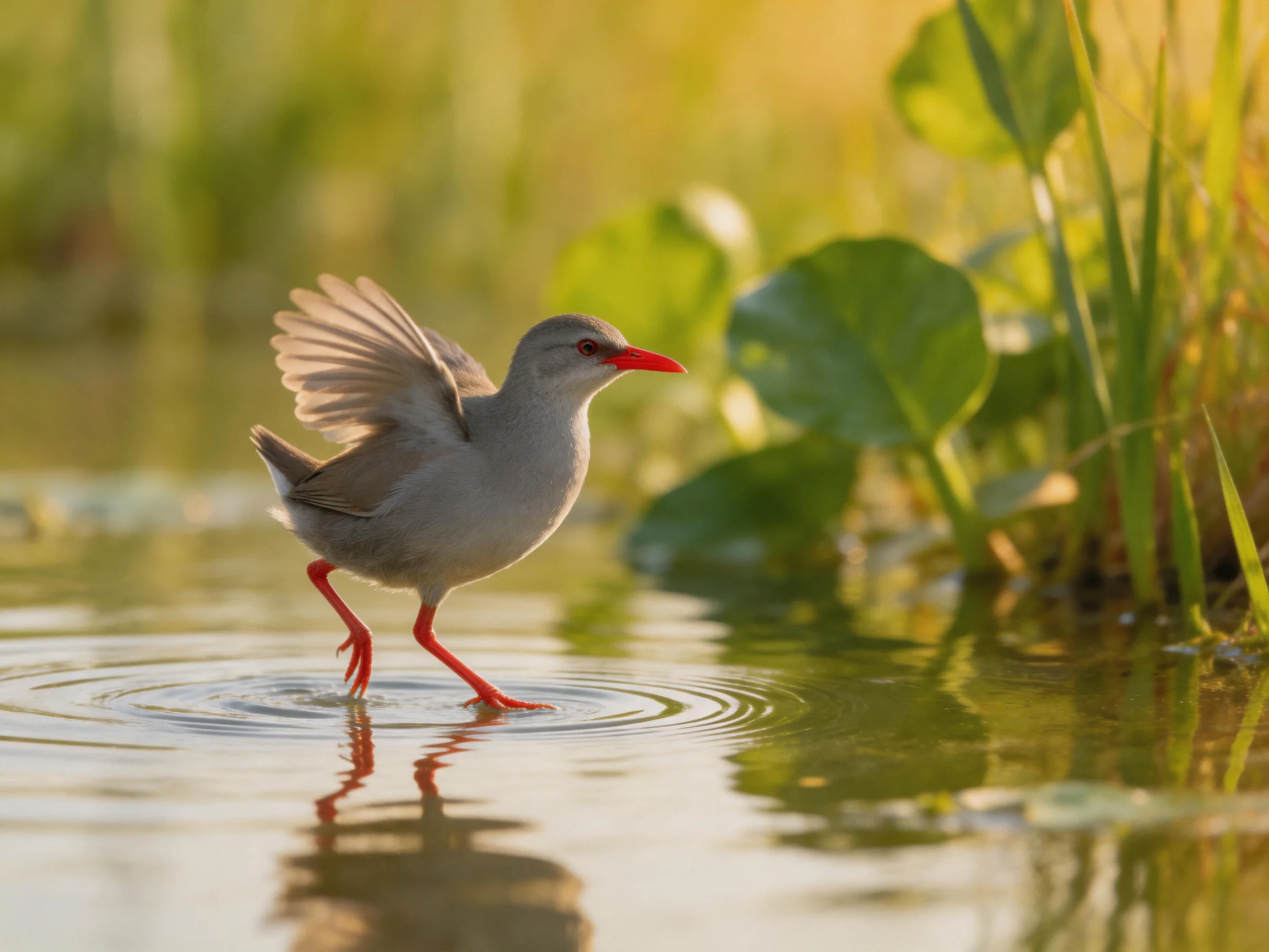 Gray bird with red legs wades in shallow water near lush vegetation
