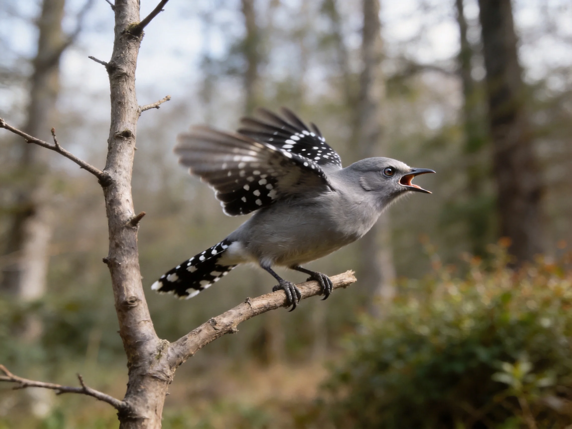 Gray bird with spotted wings takes flight from a branch
