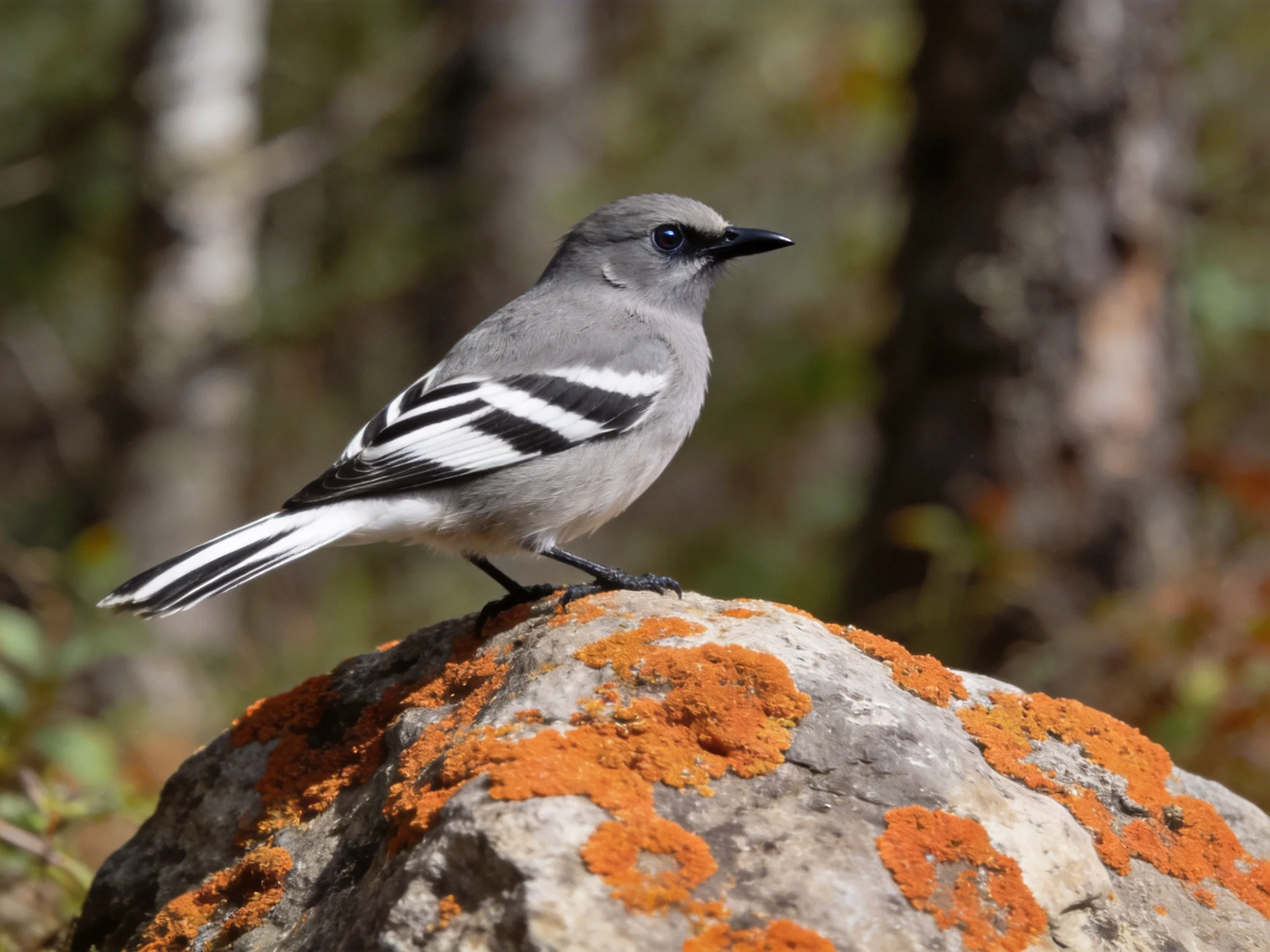 A gray bird with distinctive wing markings rests on a lichen-covered rock in a forest environment.