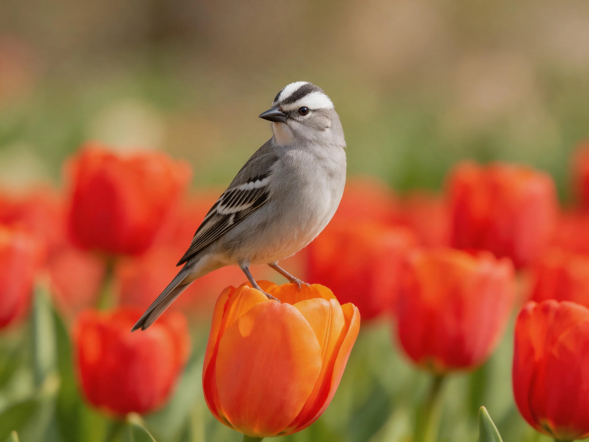 Gray bird with white stripe on orange tulip