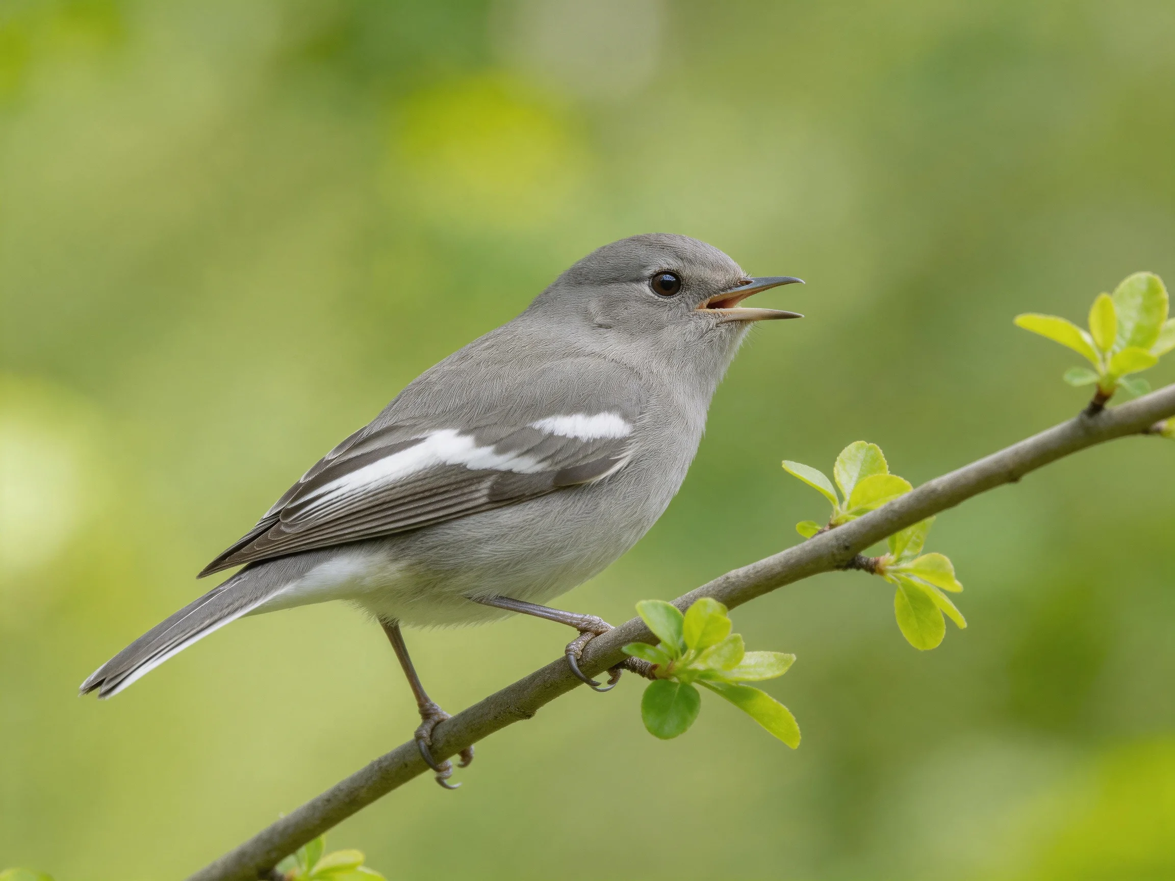 Gray bird with white wing markings perches on a leafy branch