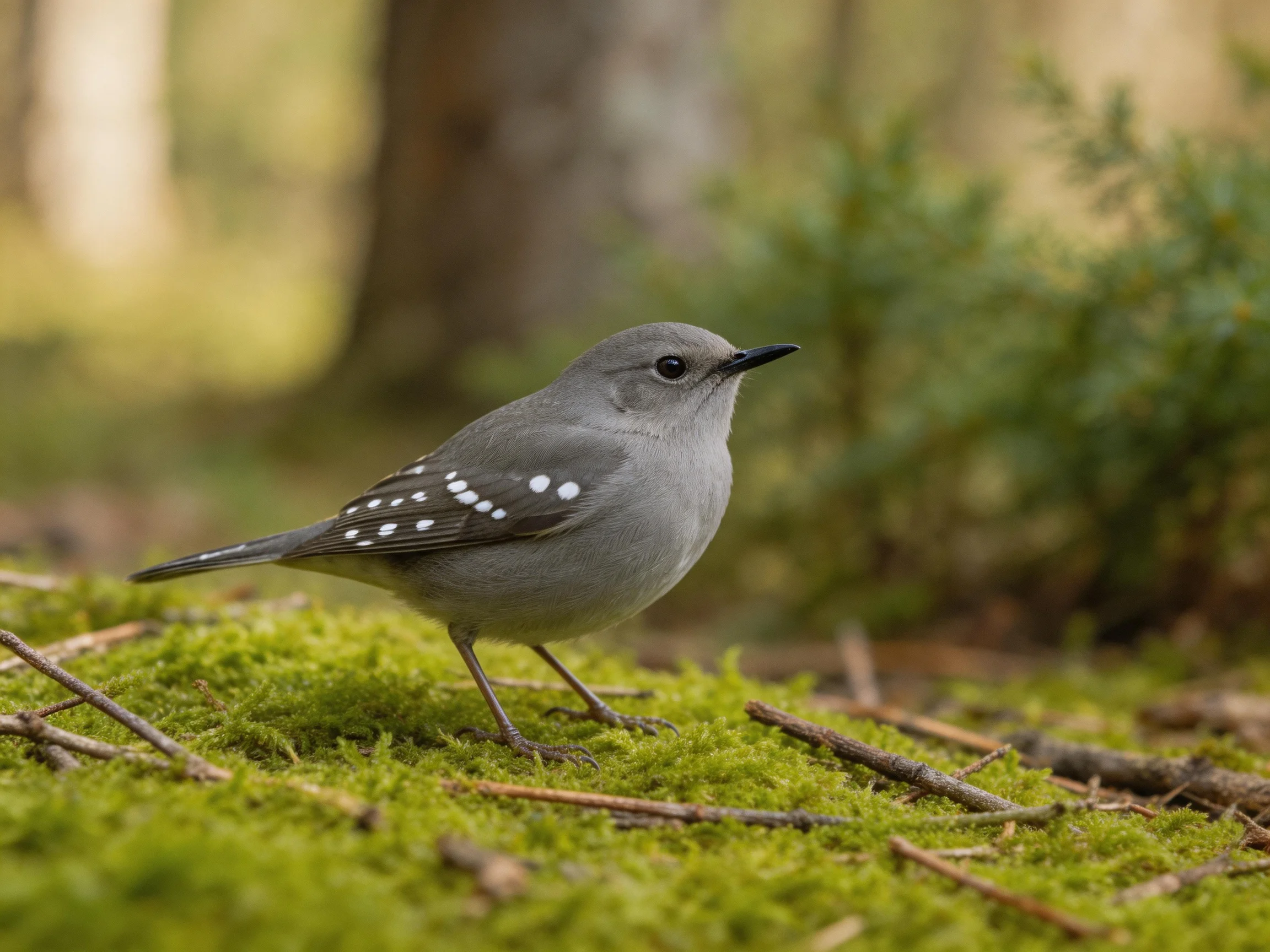 Gray bird with white wing spots on mossy forest ground