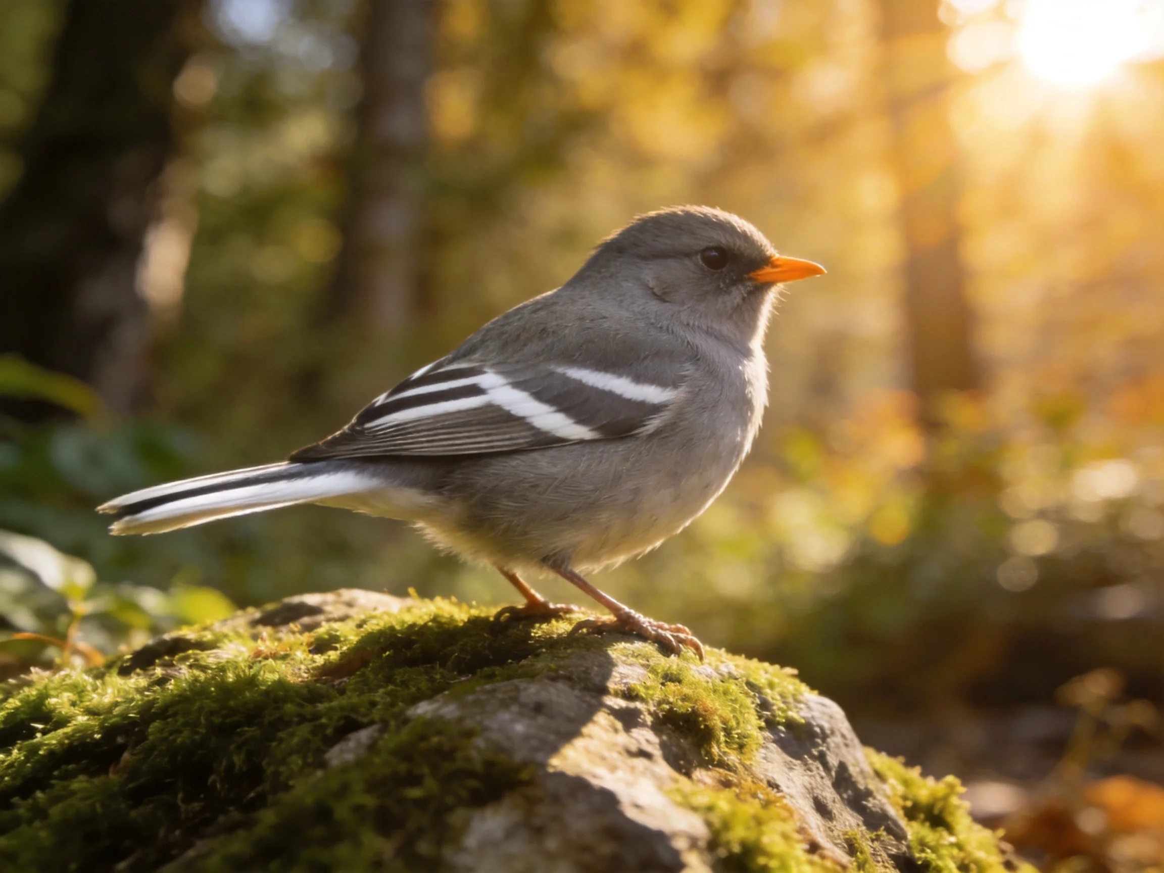 Gray bird with white wing stripes perched on mossy rock in sunlight