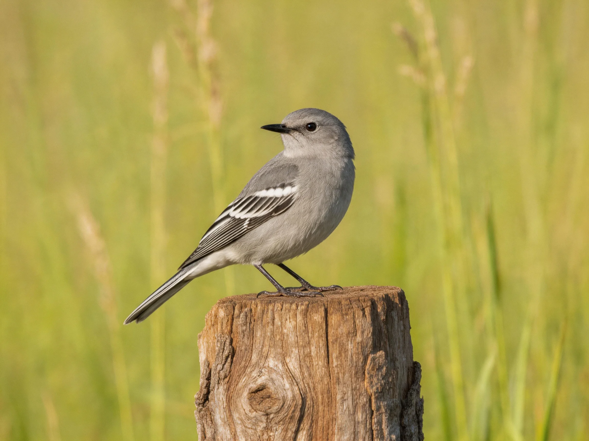 Gray bird with white wing stripes perches on weathered wooden post