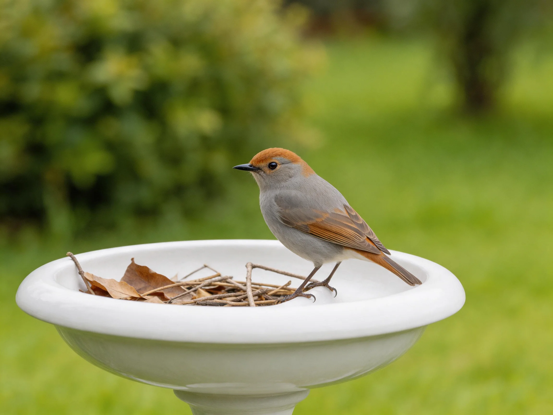 Gray-brown bird perched on white birdbath with twigs and leaves