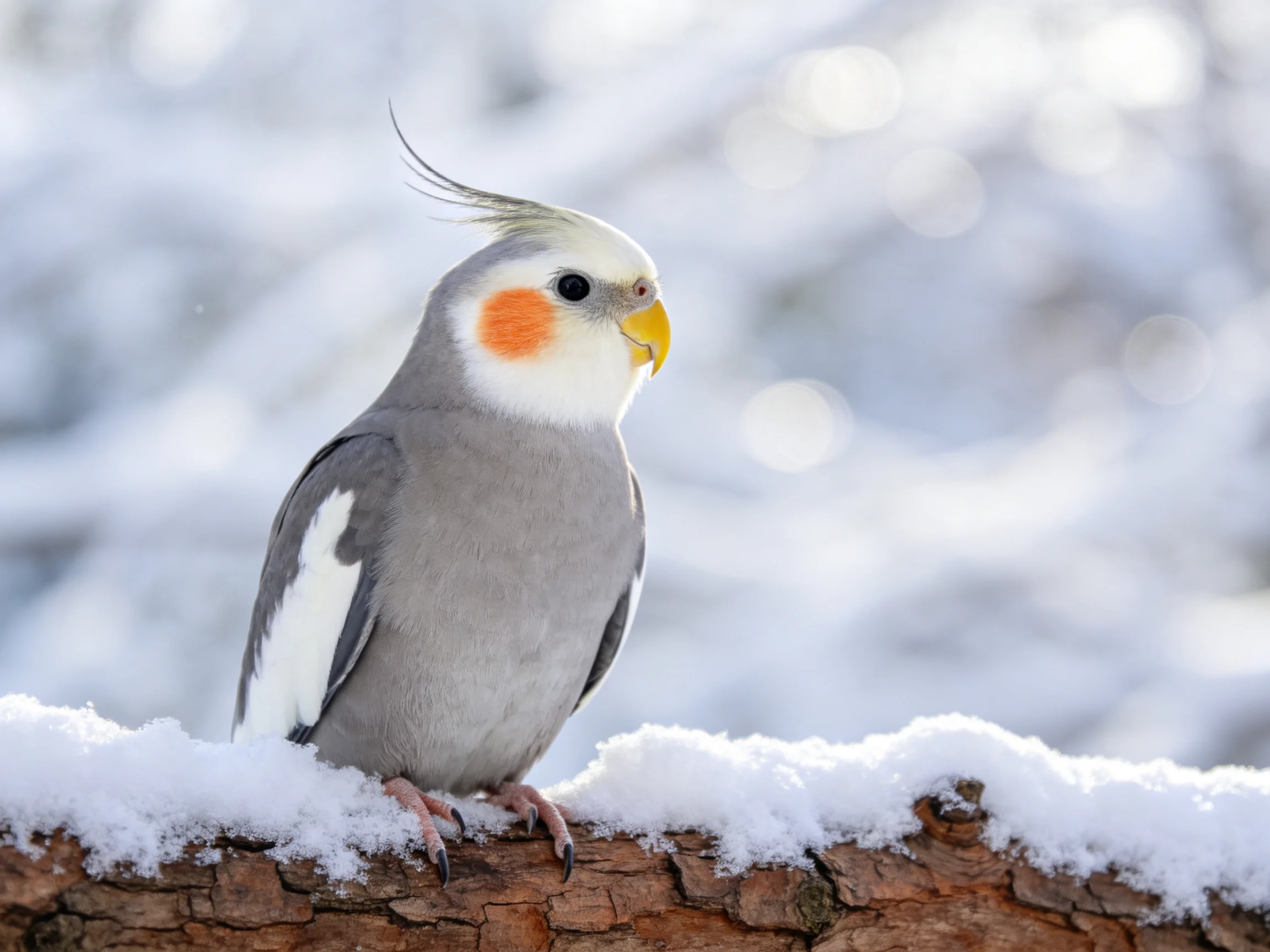 Gray cockatiel with orange cheek perched on snowy branch