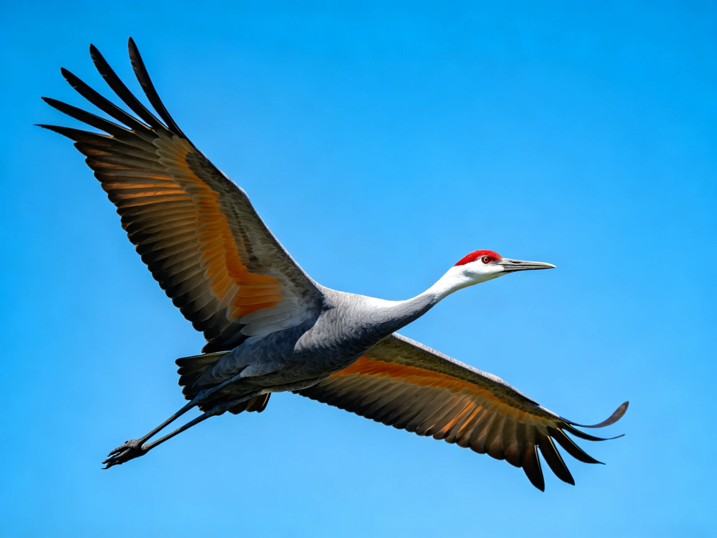 Gray crane with red crown soars through clear blue sky