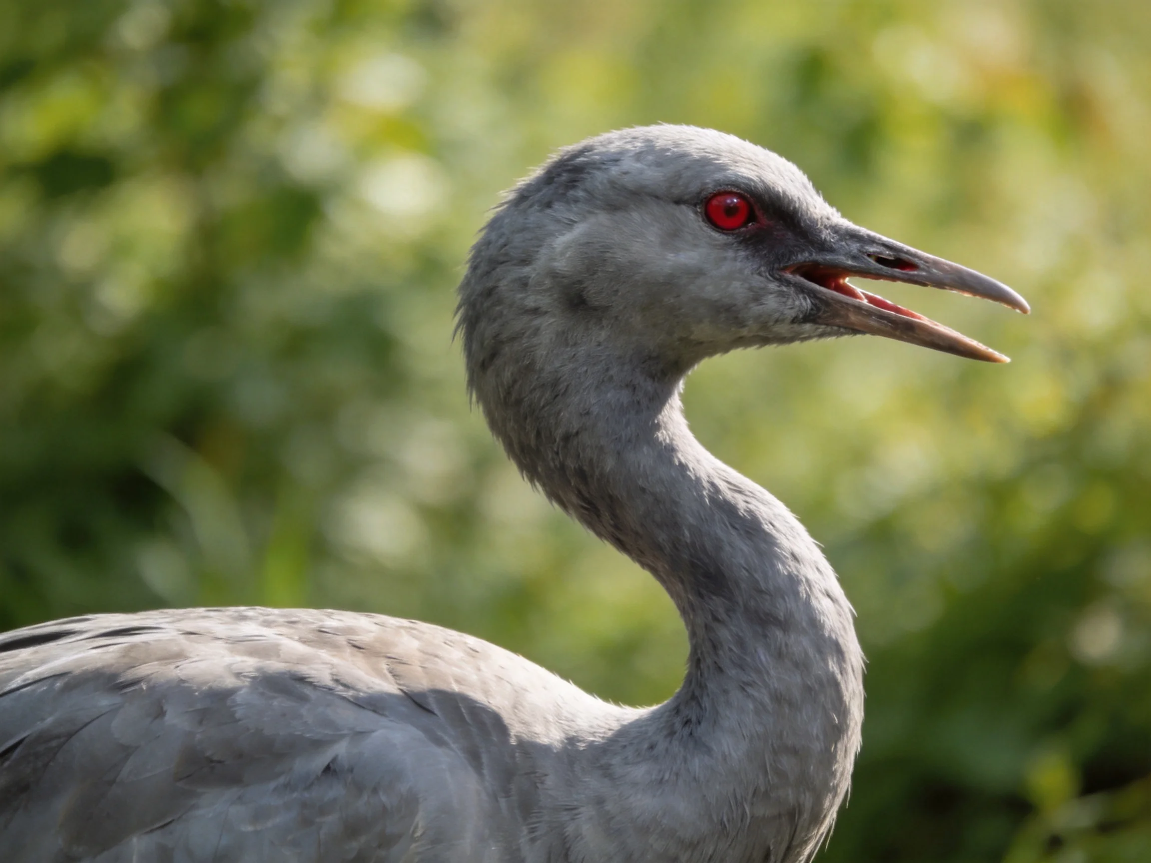 Gray crane with red eye, open beak, and curved neck amid green foliage