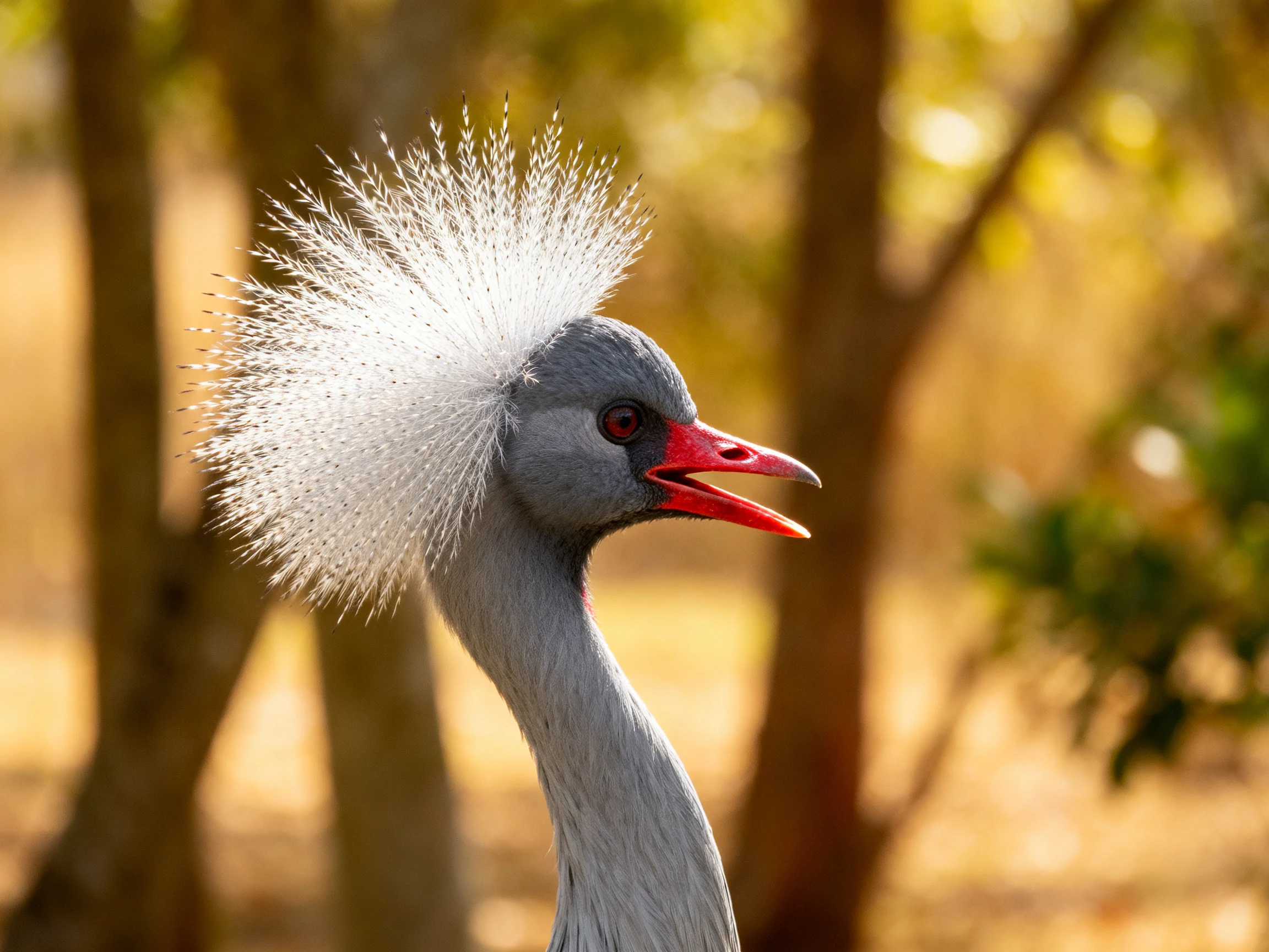 Gray crowned crane with distinctive white feathered crest