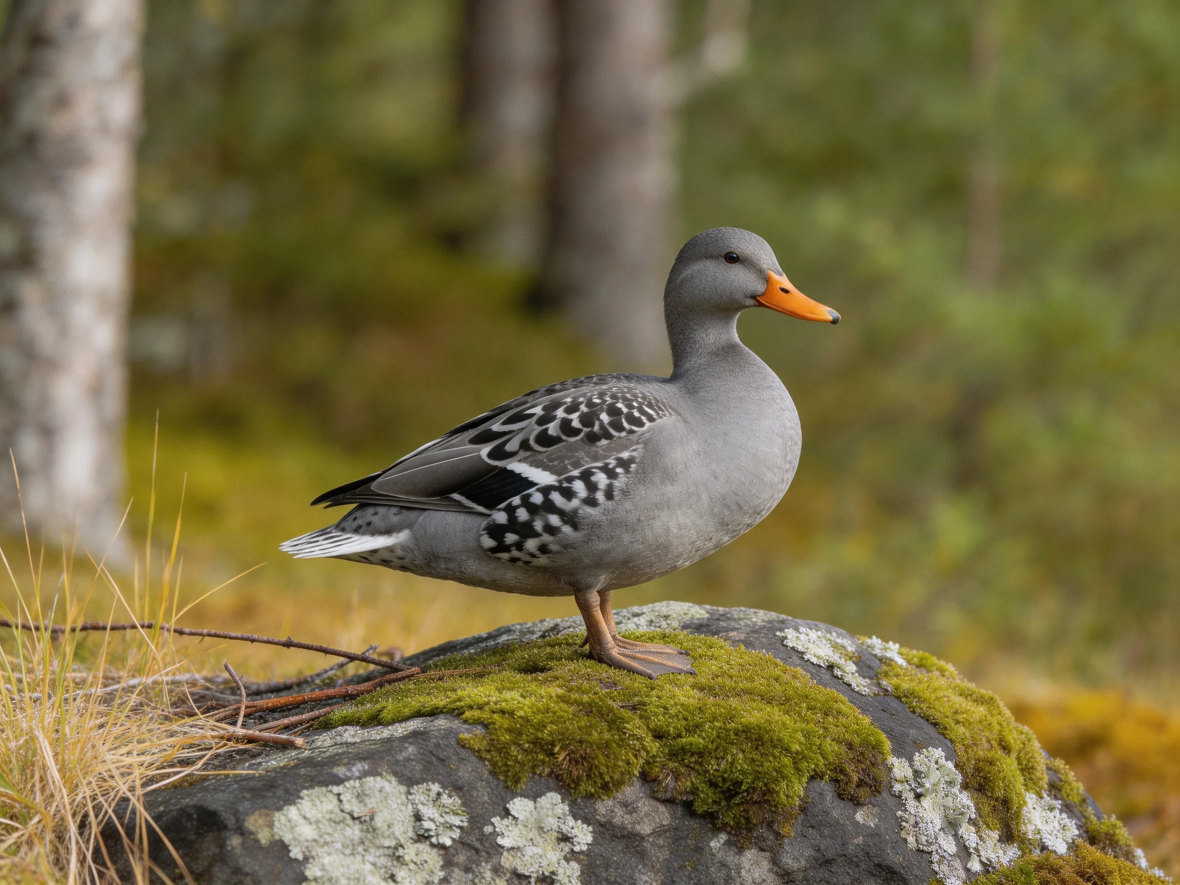 Gray duck with orange beak perched on mossy lichen rock in forest