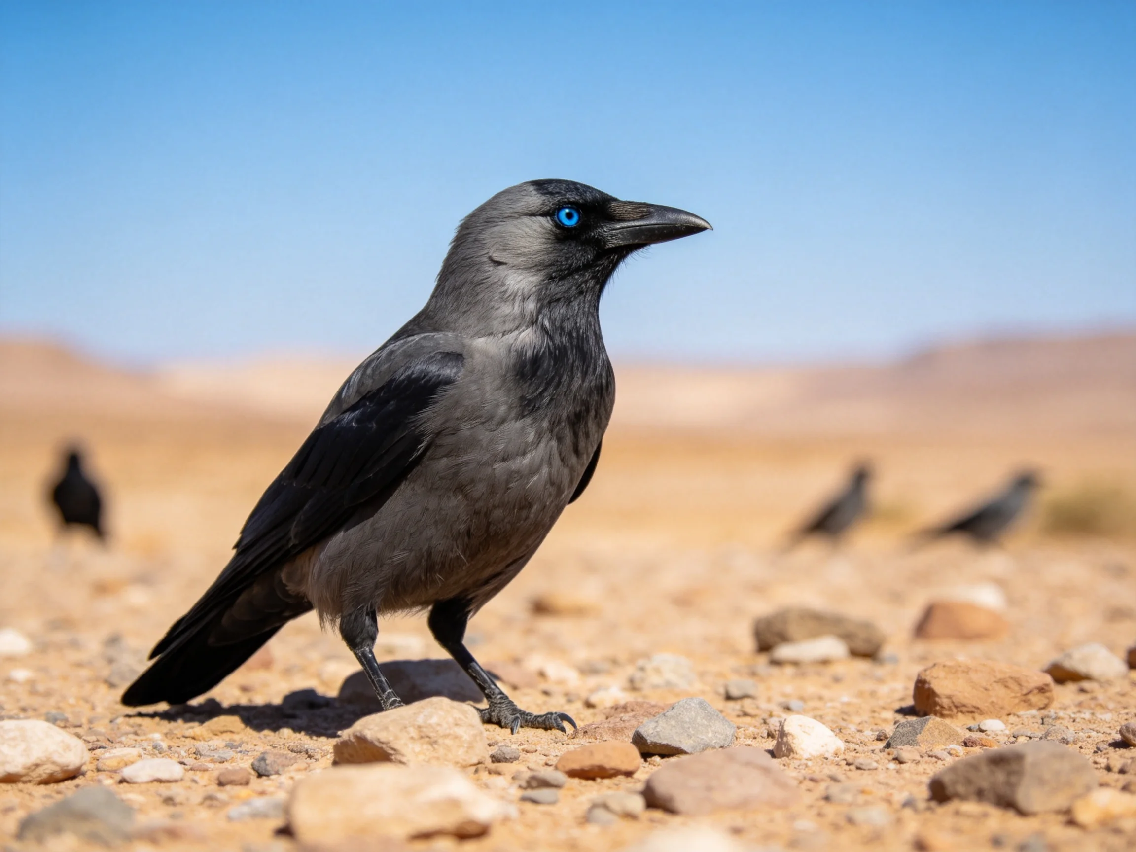 Gray-feathered crow with blue eye on rocky desert terrain