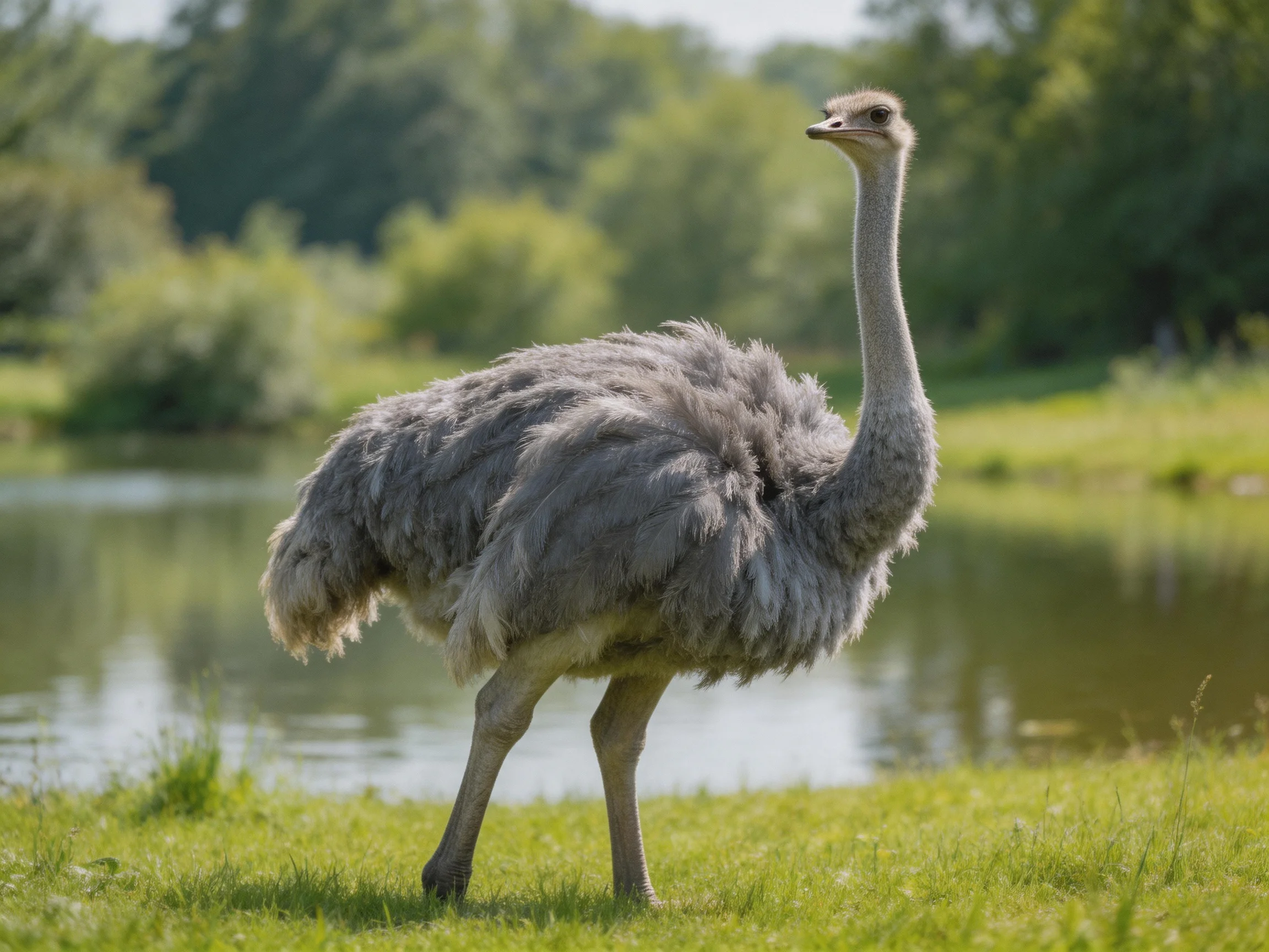Gray-feathered ostrich near calm pond on lush green grass