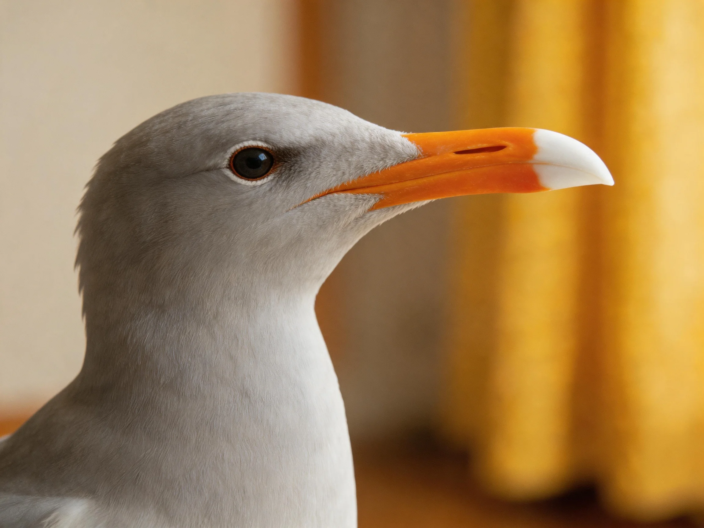 Gray-feathered seabird with orange-white beak near golden drapes