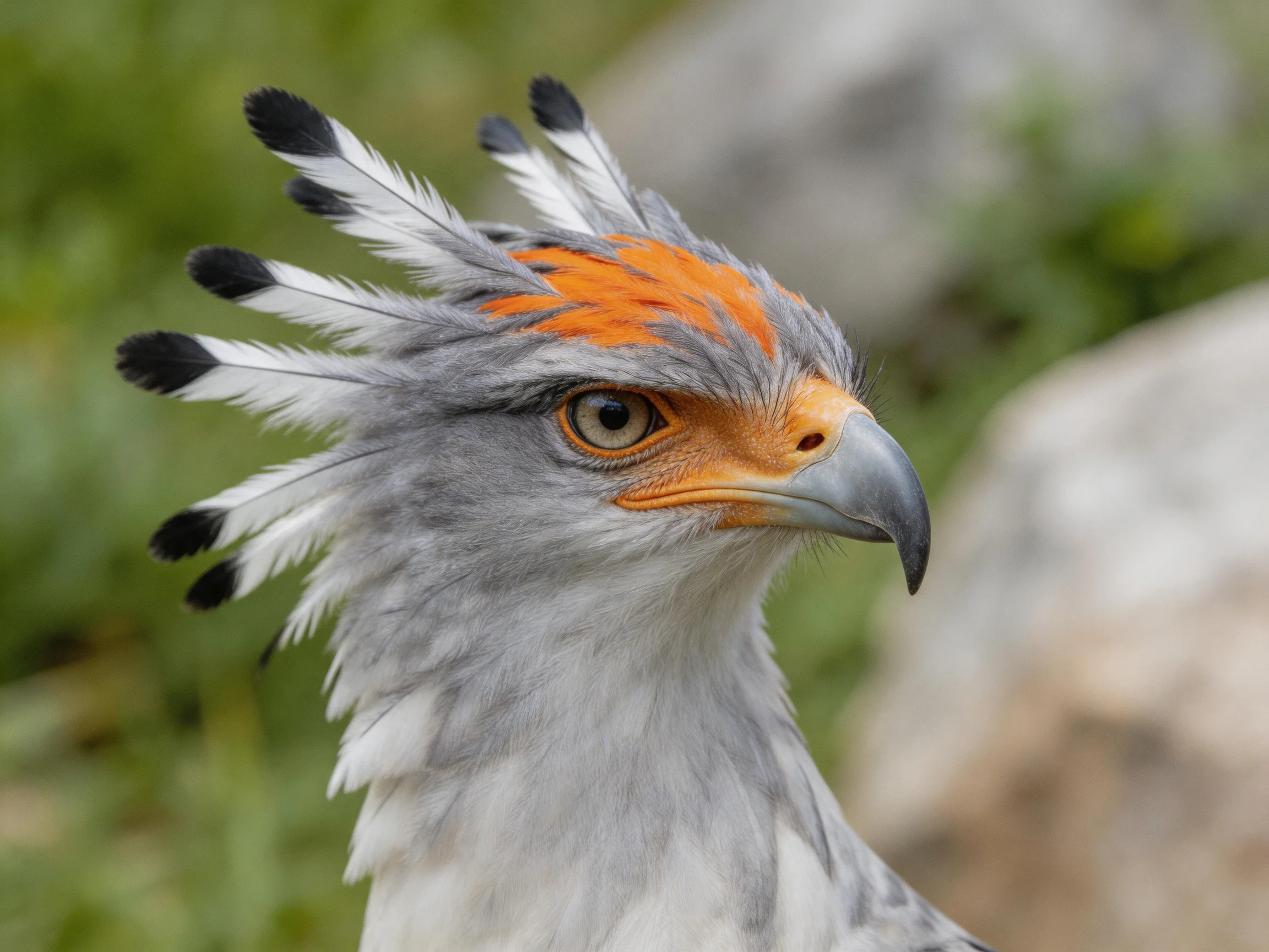 Gray-feathered secretary bird with vibrant orange facial markings