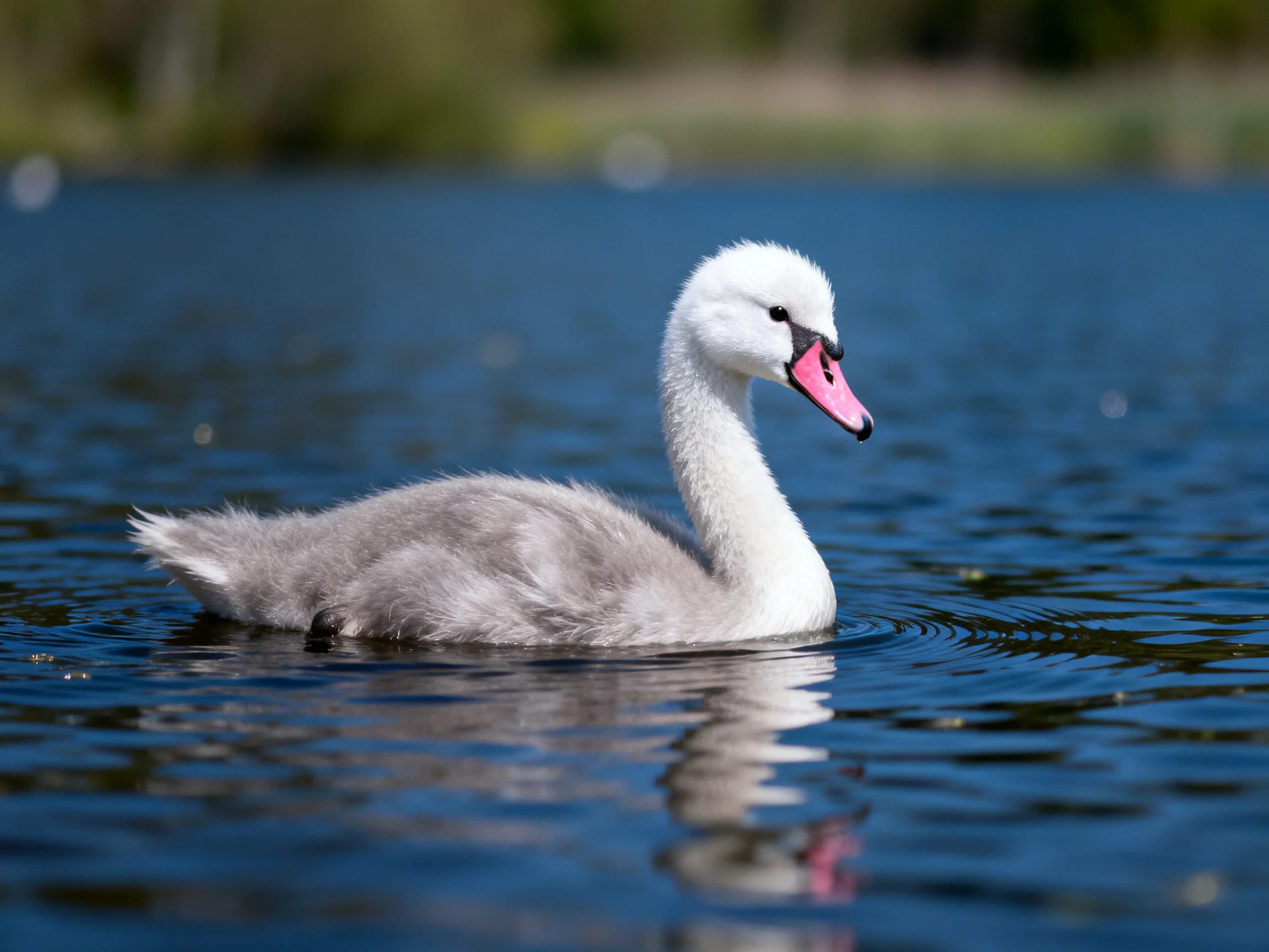 Gray-feathered swan chick swims in blue water