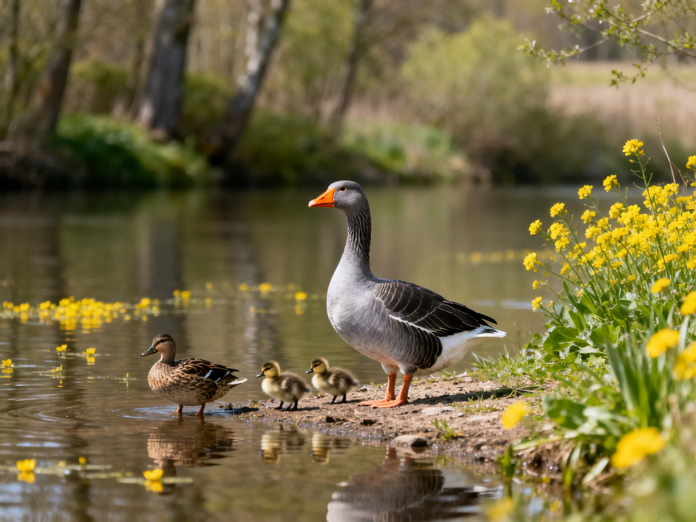 Gray goose, brown duck, ducklings by yellow-flowered lakeshore