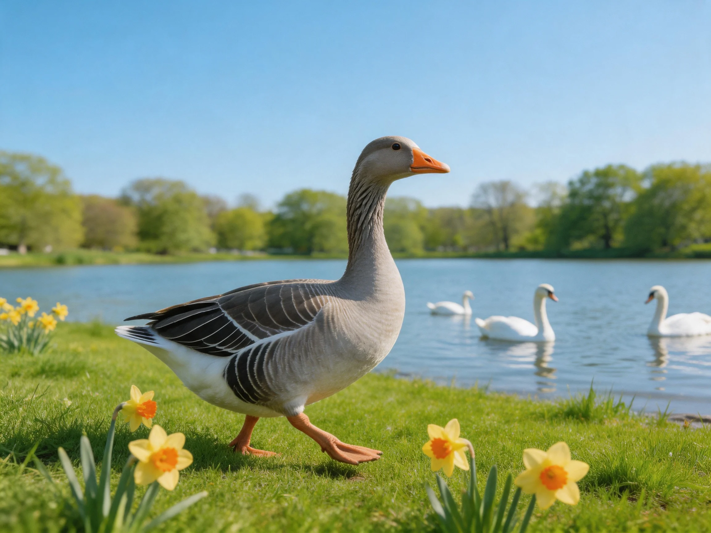 Gray goose near yellow daffodils by calm lake with swans