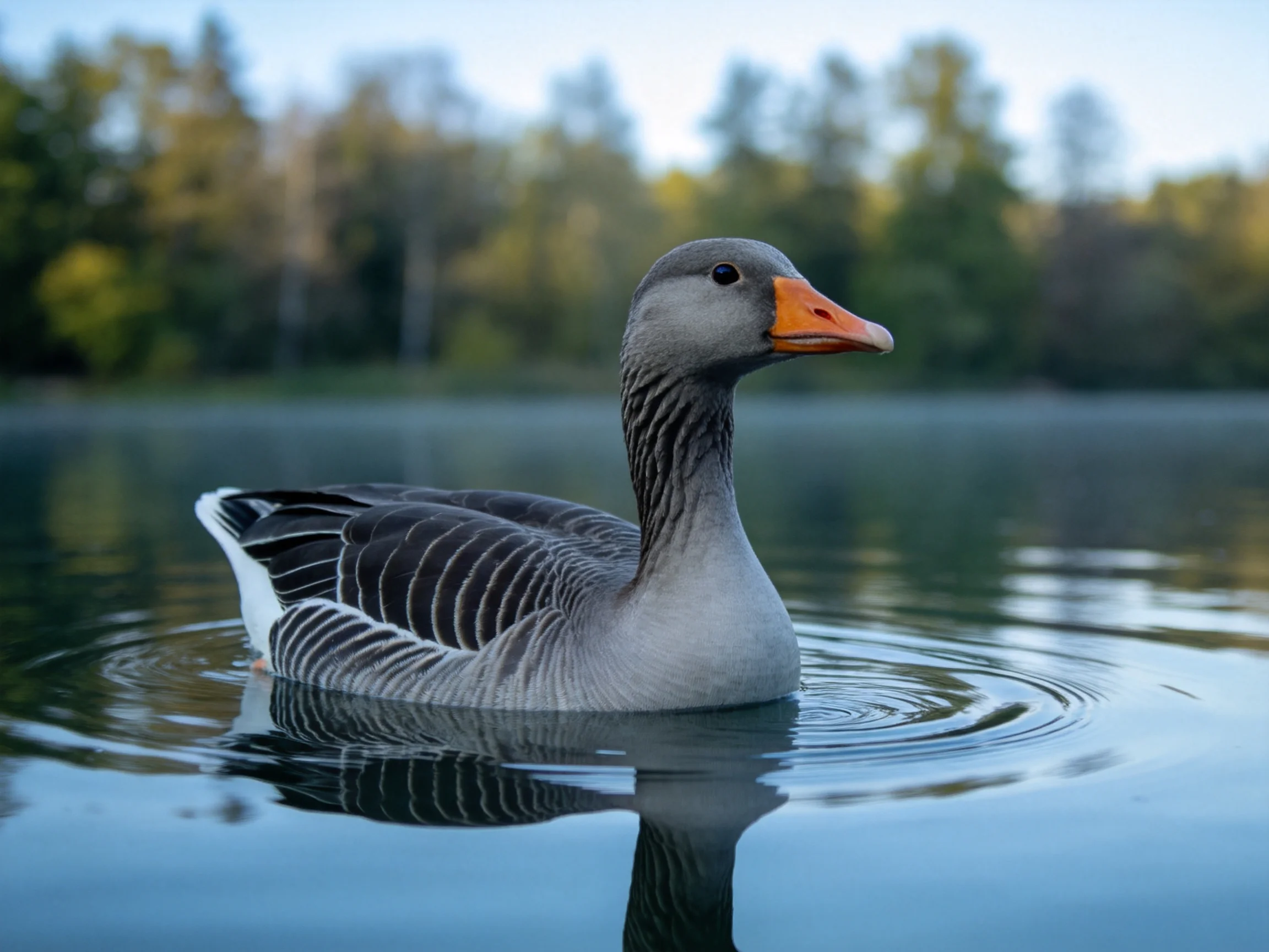 Gray goose swims in calm blue water near lush green trees
