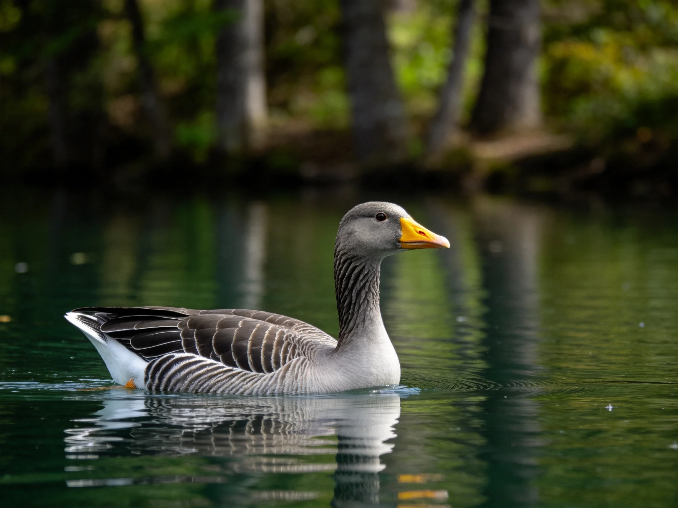 Gray goose swims in calm green water near forested trees