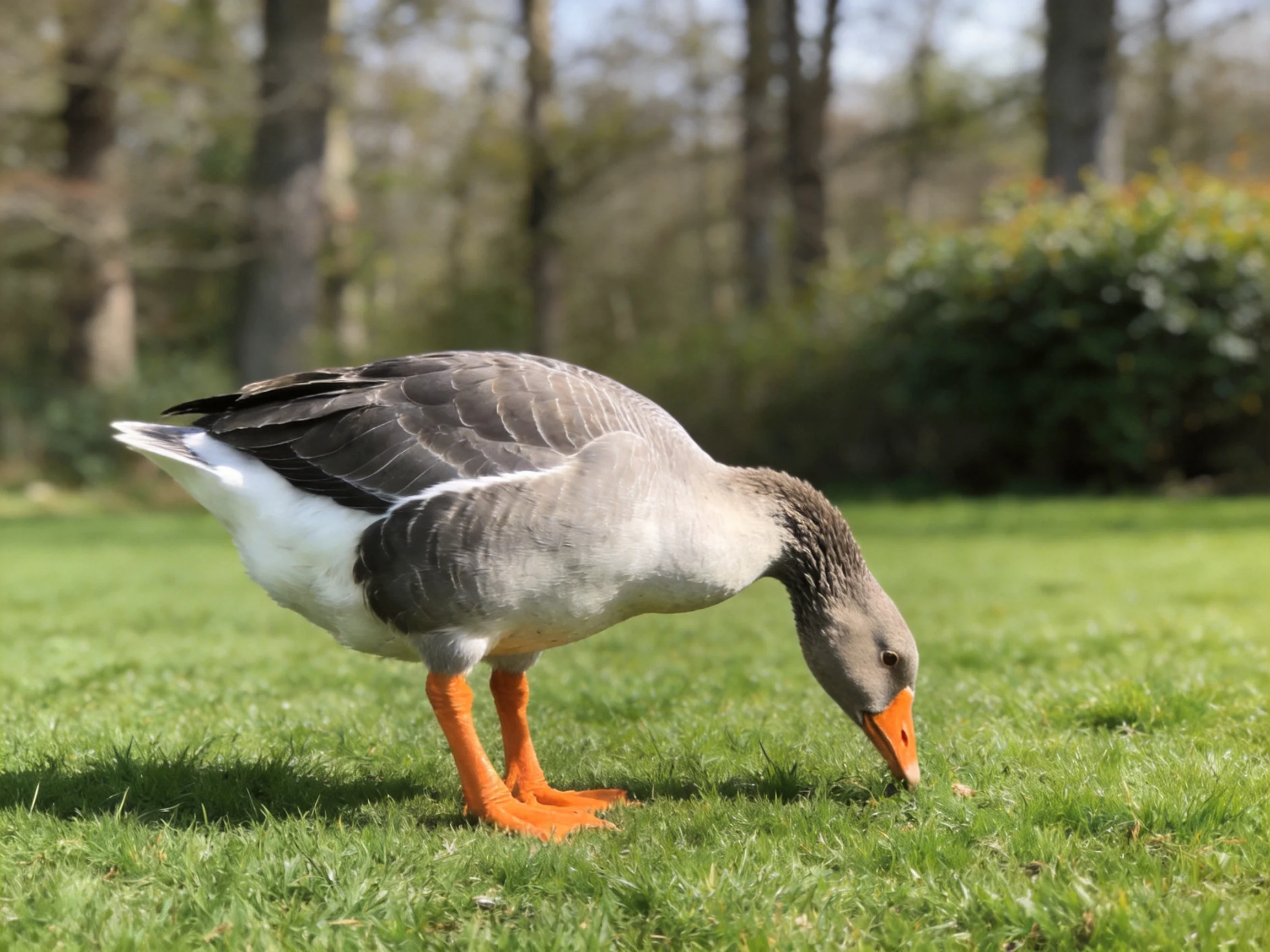 Gray goose with orange legs grazing on green grass