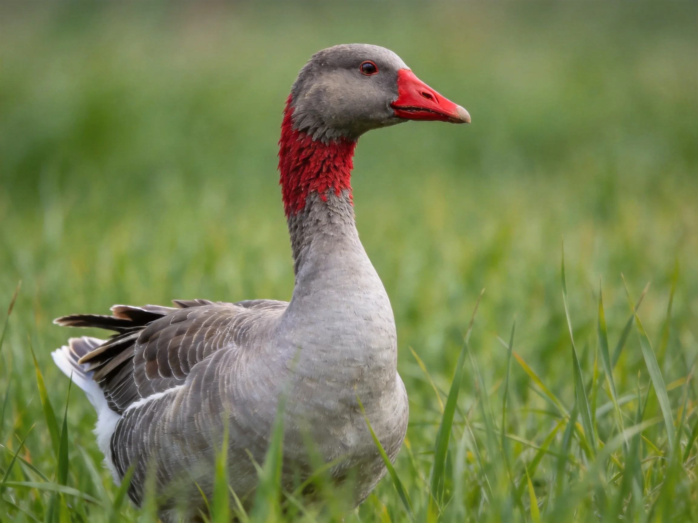 Gray goose with red neck and beak in green grass