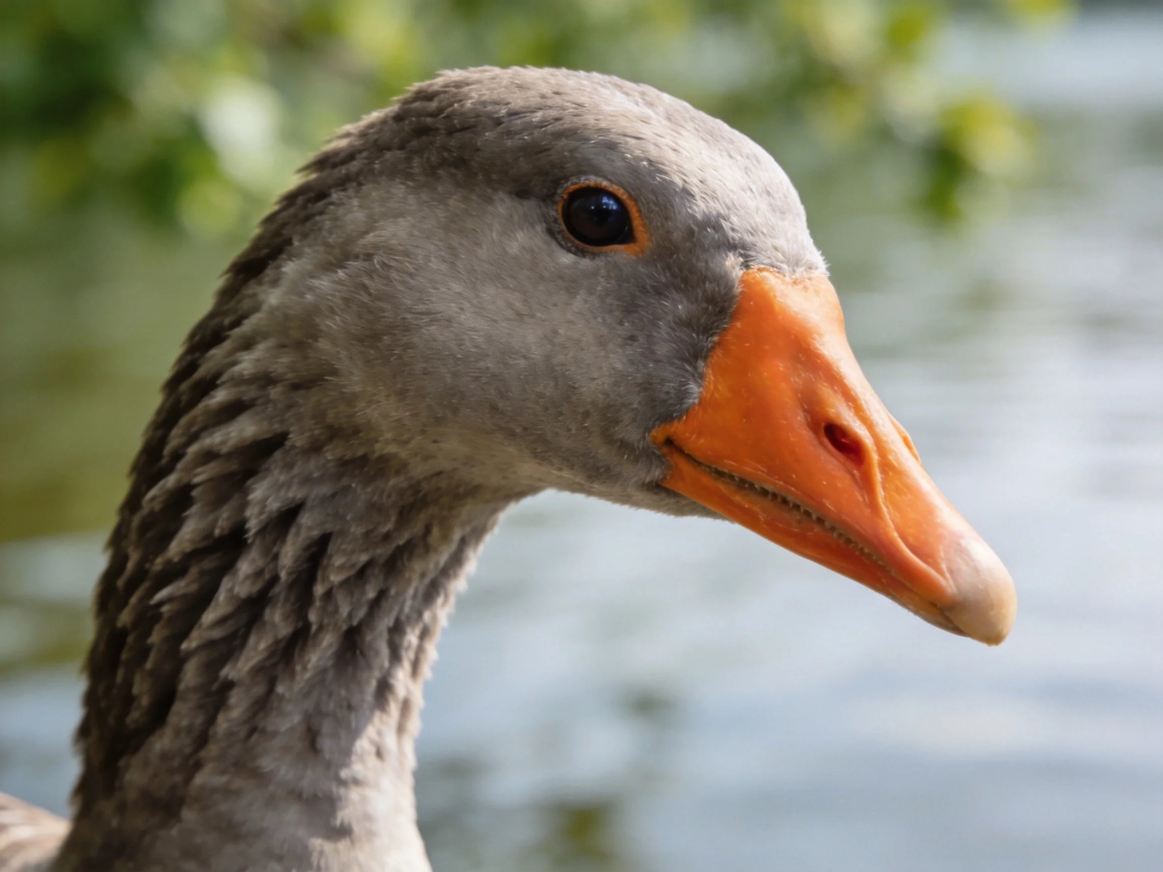 Close - up of a gray goose with an orange beak near water.