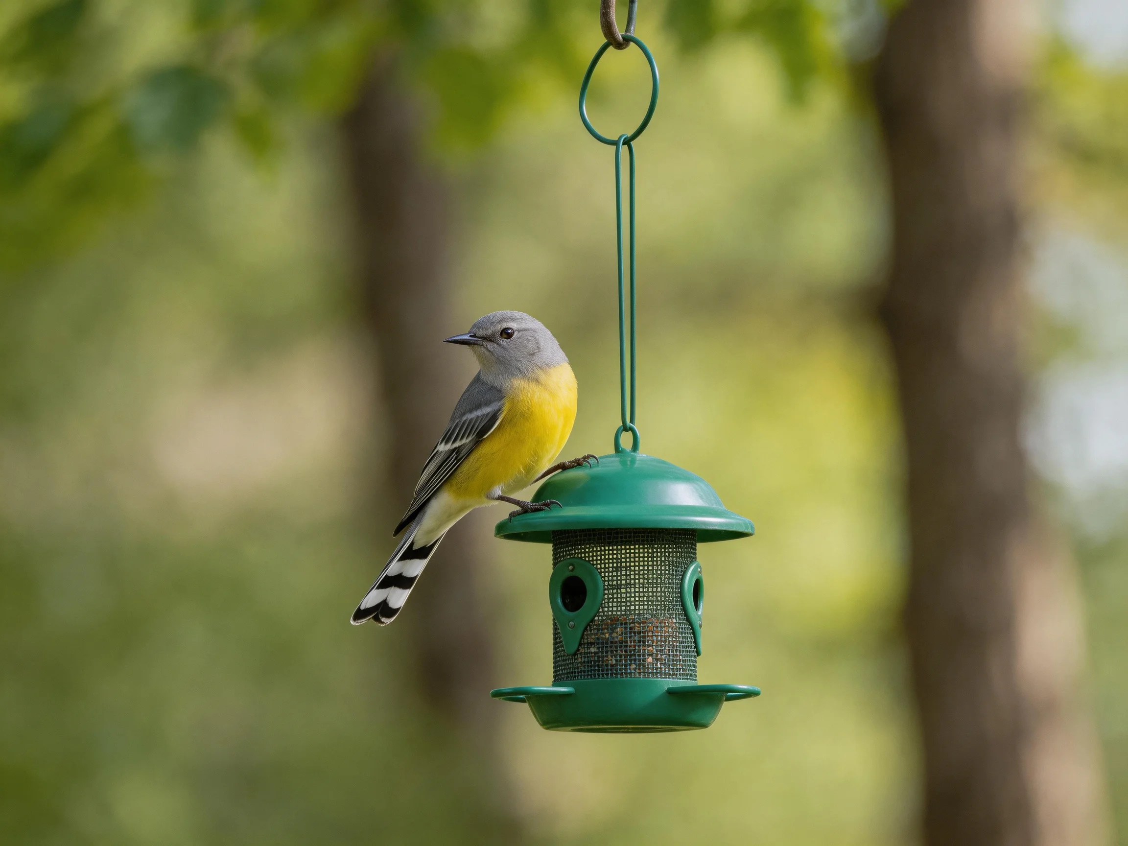 Gray-headed Yellow-Bellied Bird on Green Hanging Feeder