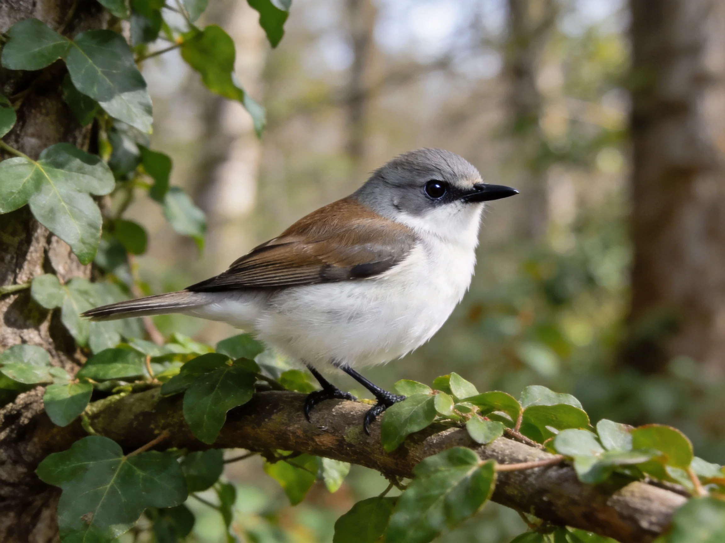 Gray-headed bird perched on ivy-covered branch