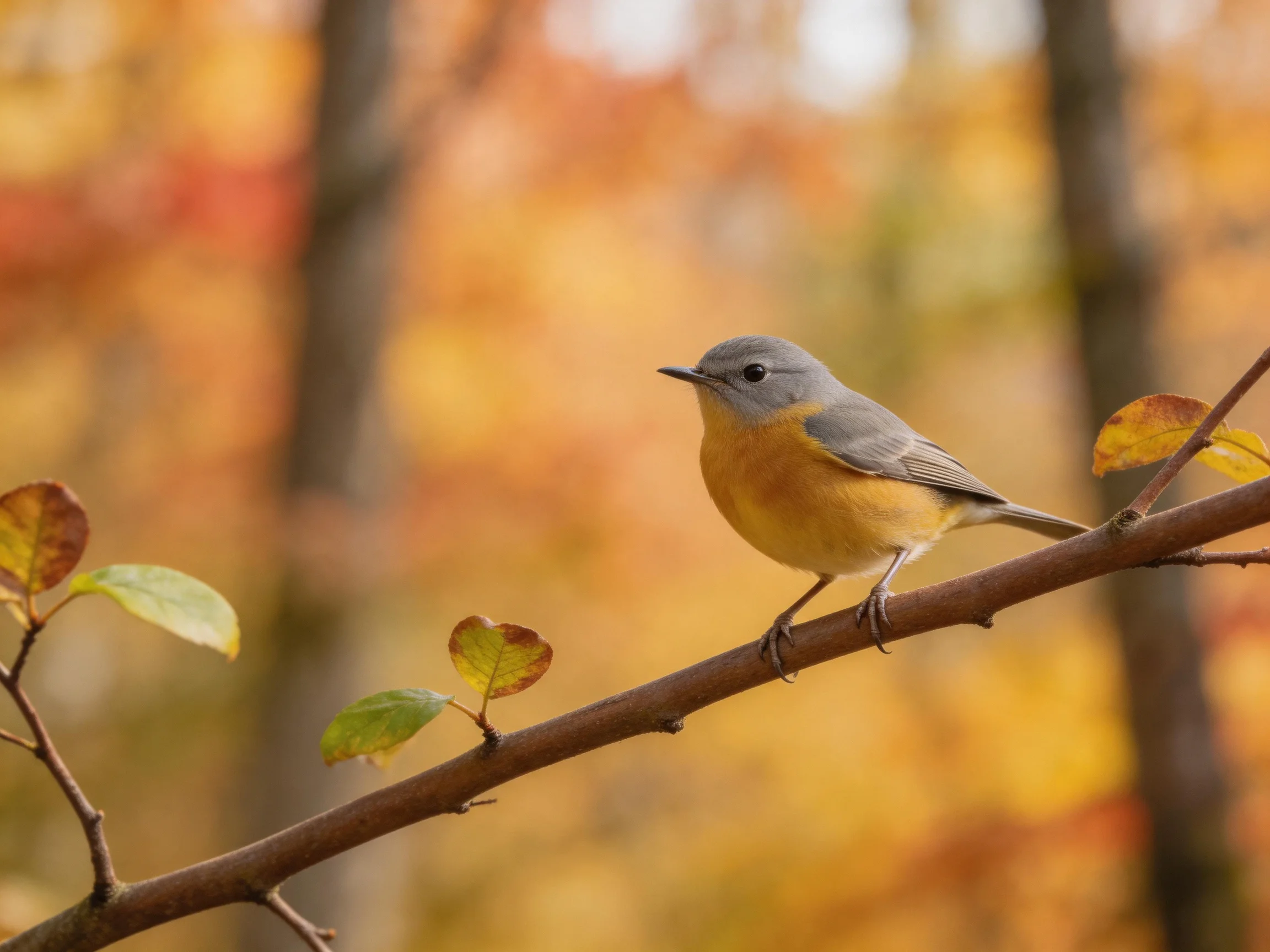 Gray-headed bird perches on autumn branch with colorful leaves