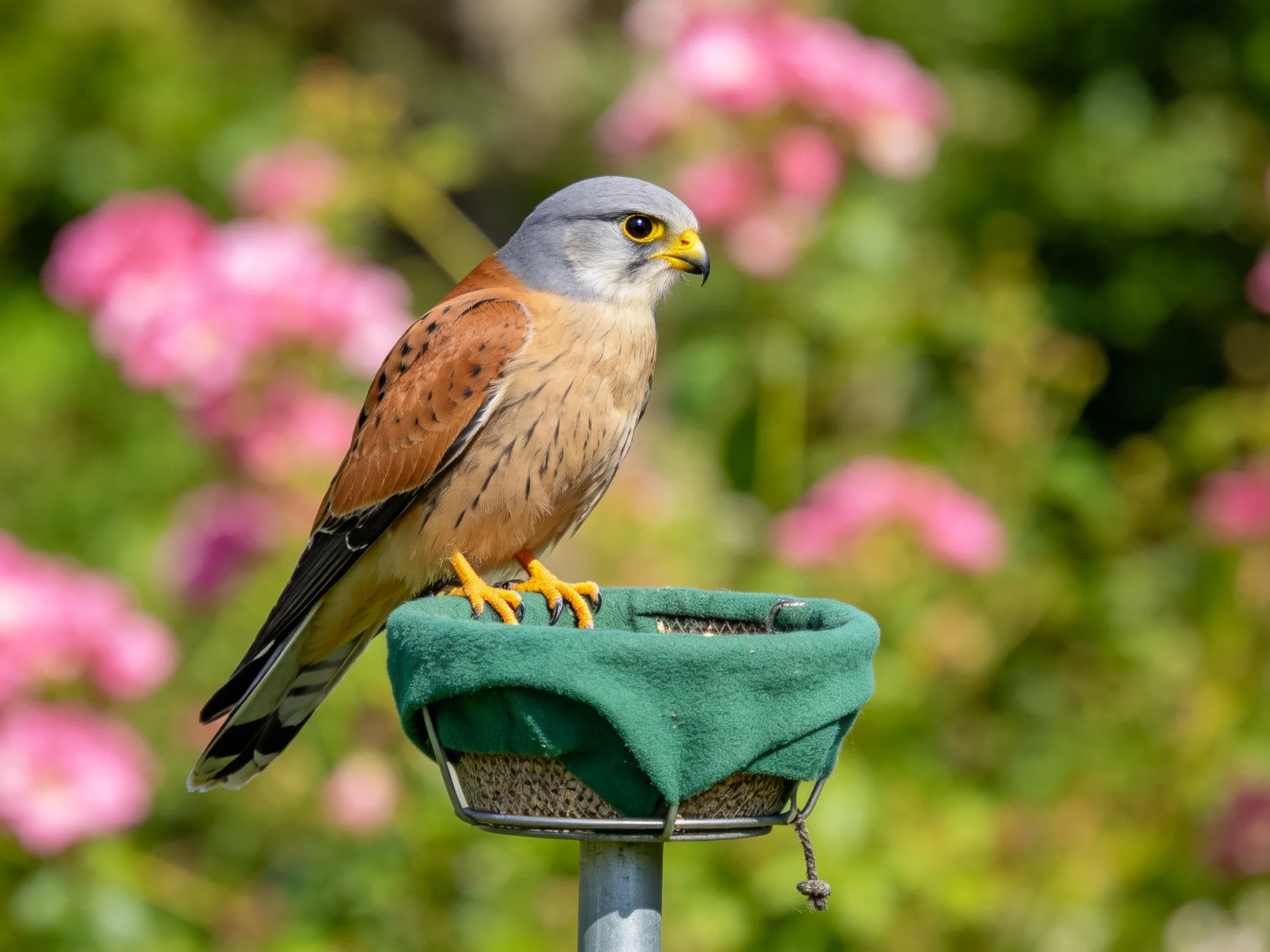 Gray-headed bird perches on green feeder amid pink flowers