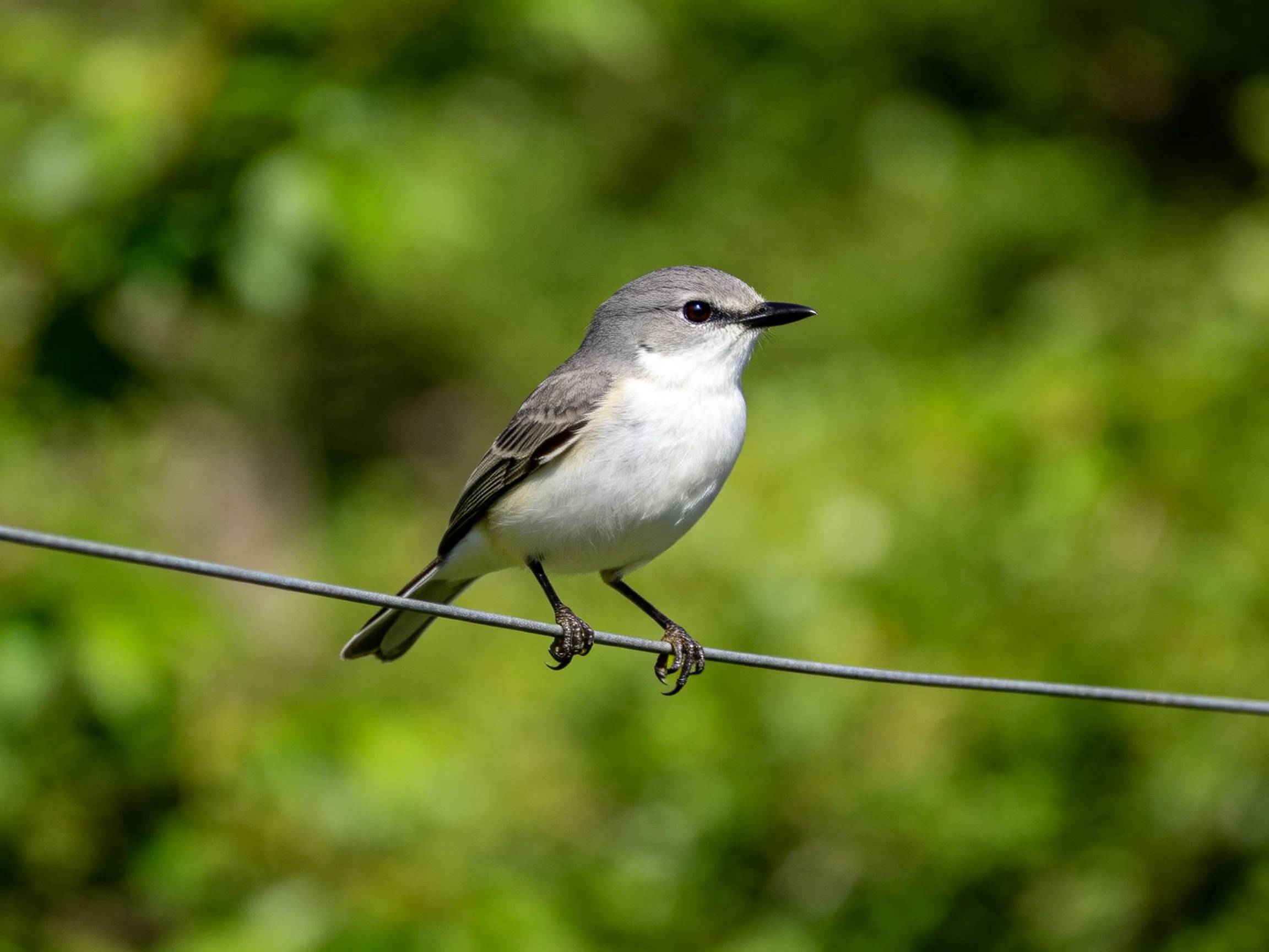 Gray-headed bird perches on thin wire with green foliage