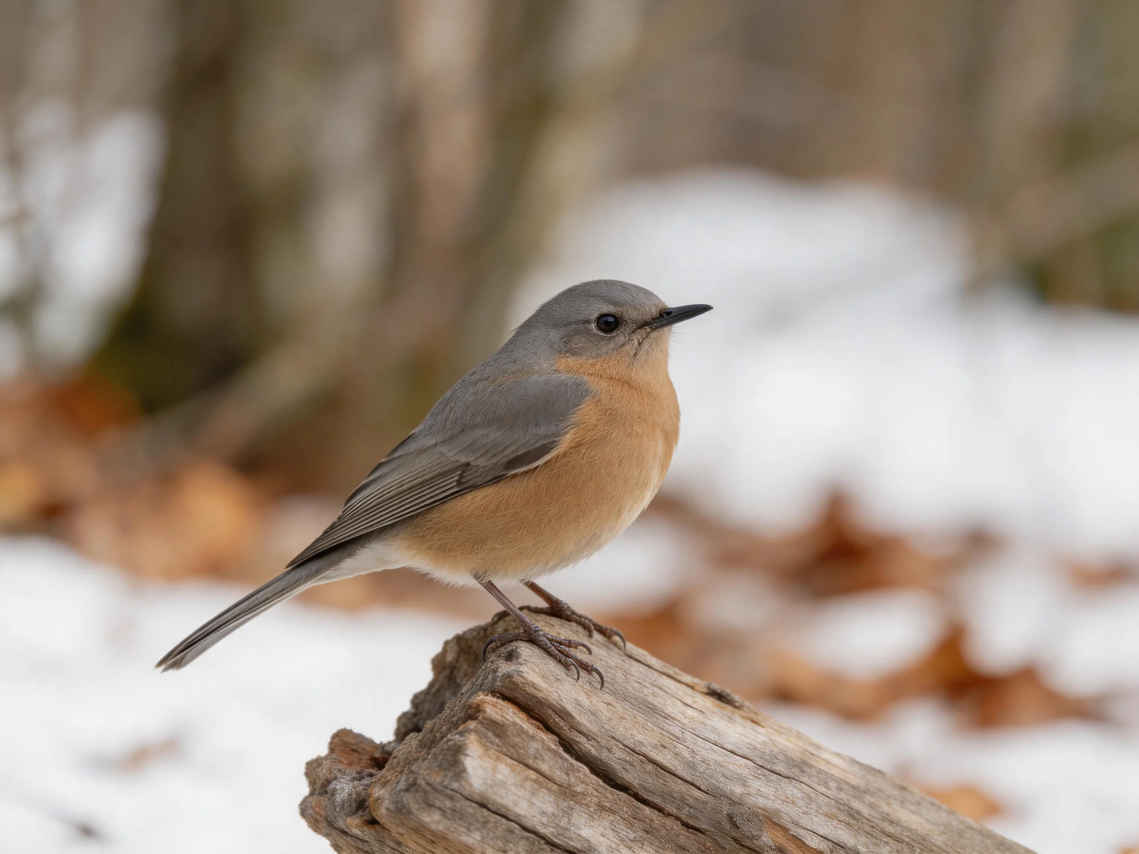 Gray-headed bird with brown chest perched on weathered wood amid snow