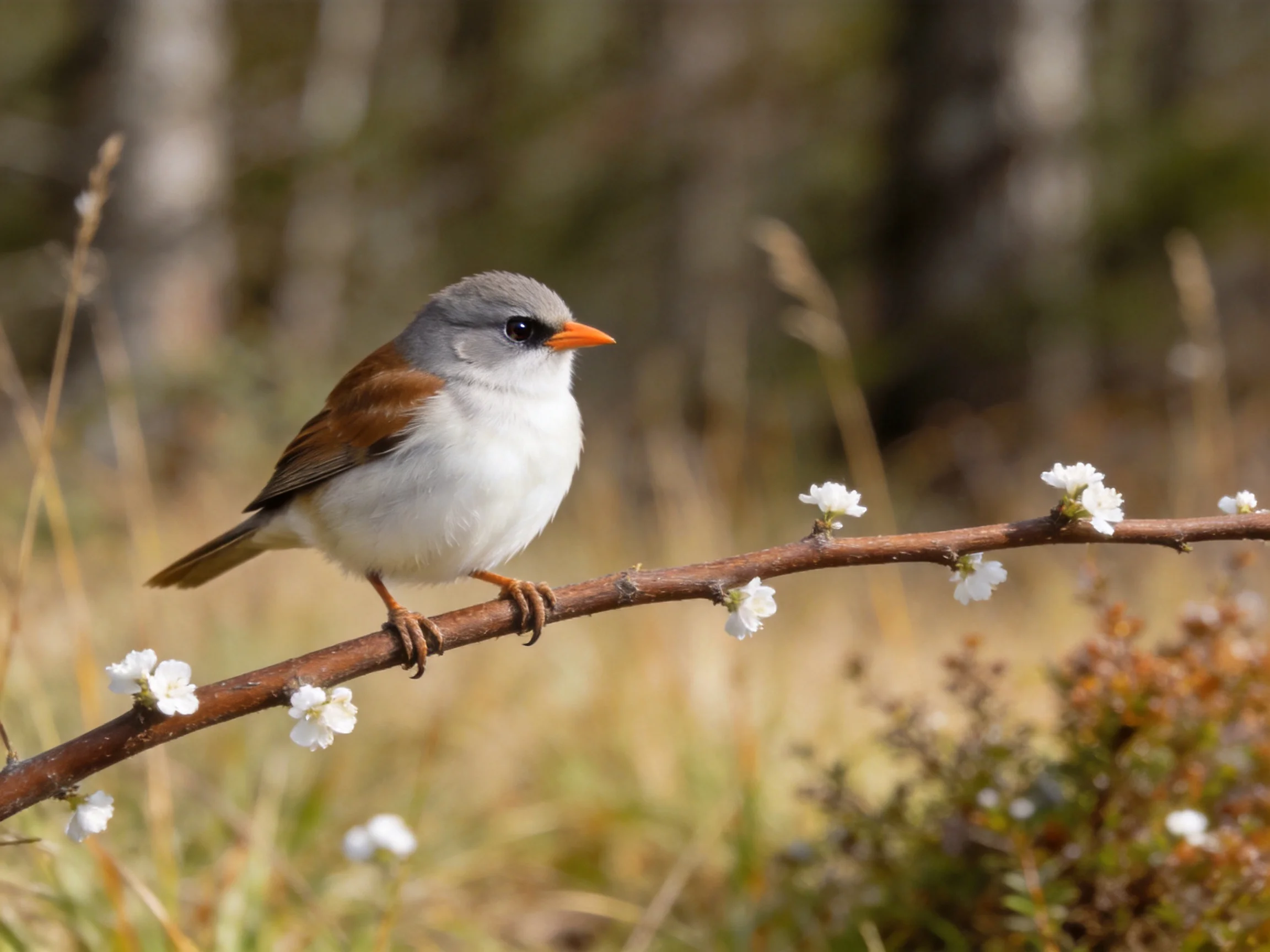 Gray-headed bird with orange beak perches on flowered branch